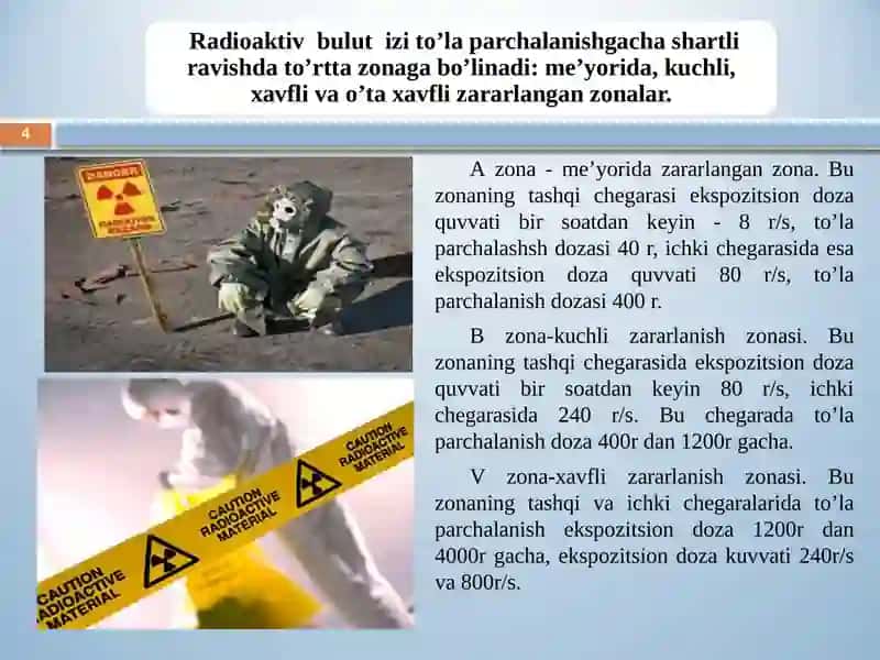 FAVQULOTDA VAZIYATNI BAHOLASH.RADIATSION HOLAT.RADIOAKTIV ZARARLANISH MANBALARI.ZONALAR TAVSIFI 4