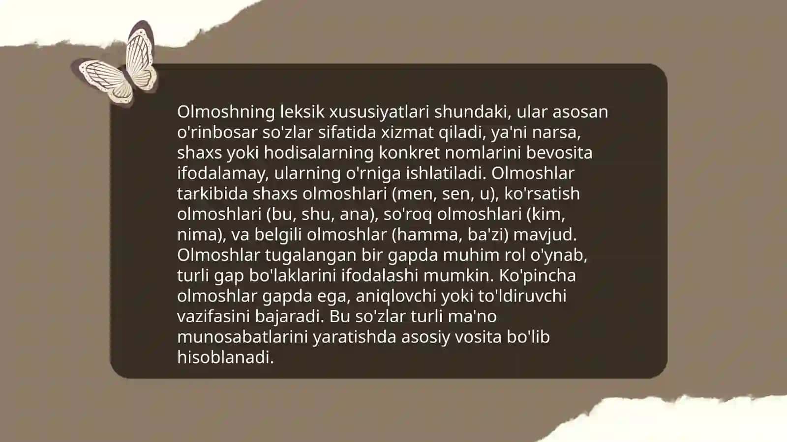 Olmoshning taʼrifi.Olmoshning leksik grammatik xususiyatlari 4