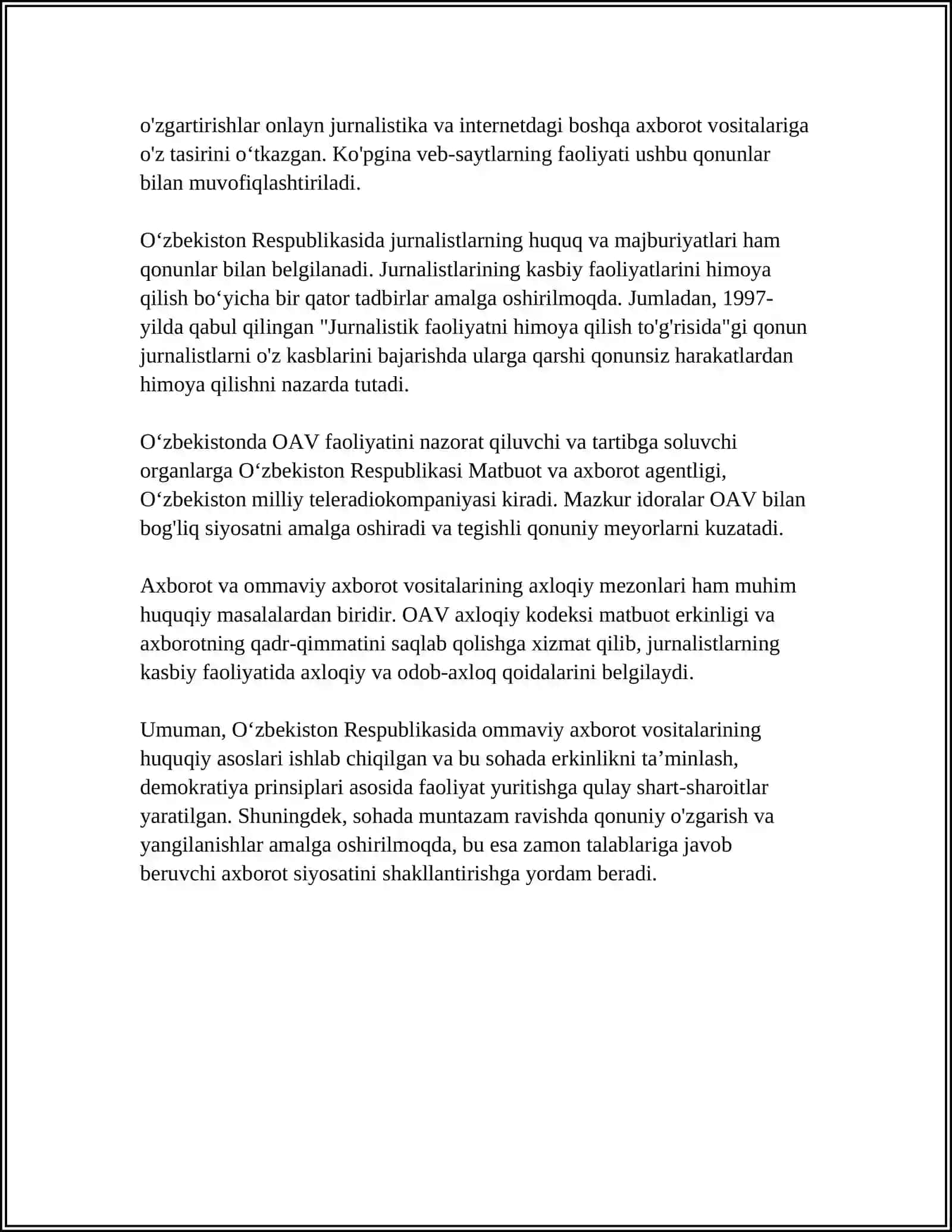 OʻZBEKISTON RESPUBLIKASIDA OMMAVIY AXBOROT VOSITALARINING FAOLIYAT 4