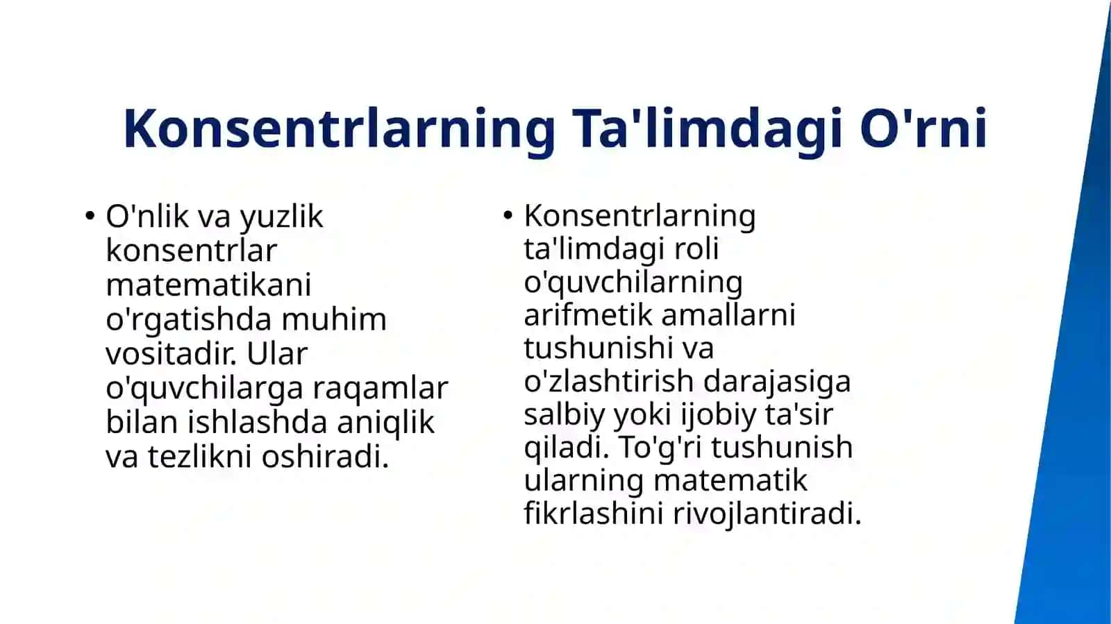 O’nlik,Yuzlik konsentrida nomerlashga o’rgatish metodikasi.Konsentrlarda arifmetik amallarni bajarishga o’rgatish 4