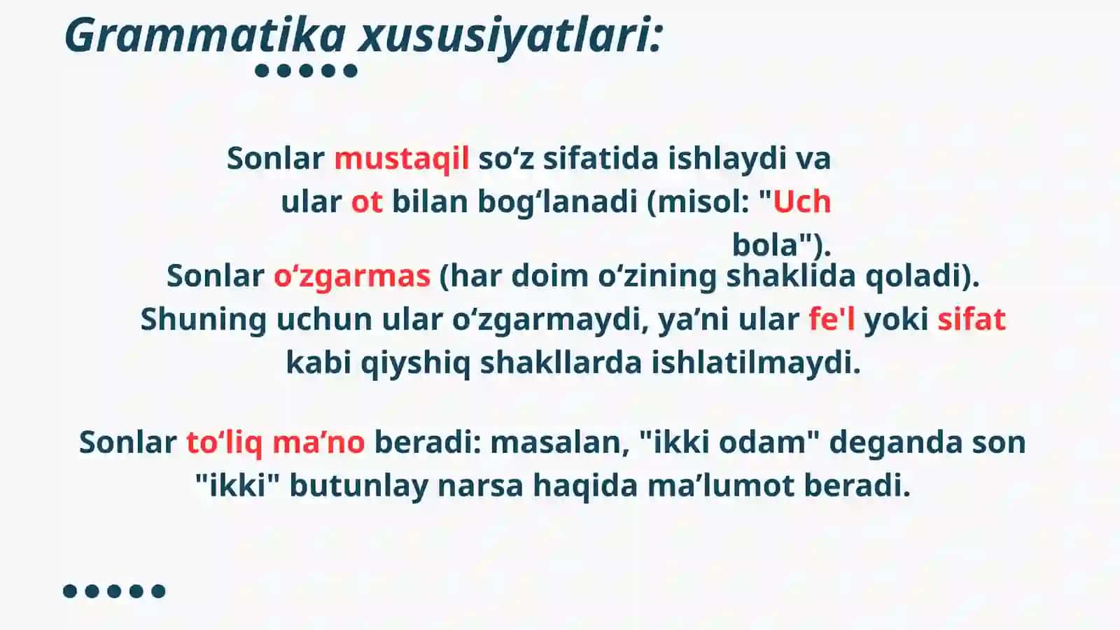 Son so'z turkumi. Sonning leksik gramatik xususiyatlari ma'no turlari 4