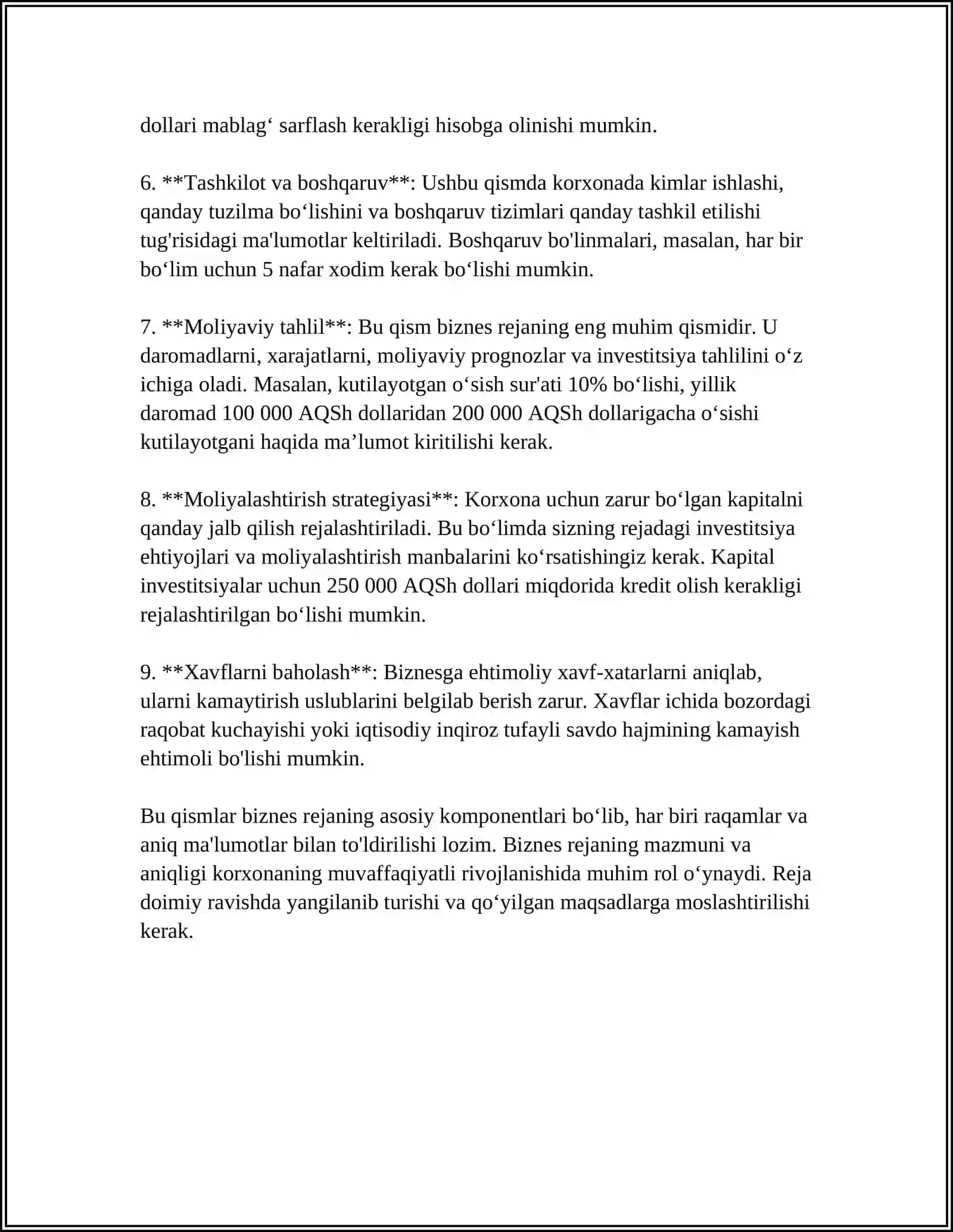 Biznes rejasi ishlab chiqish 4