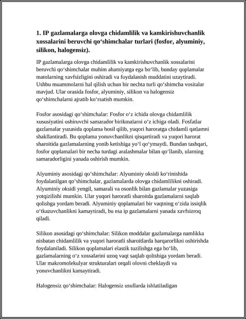 IP gazlamalarga chidamlilik va kamkirishuvchanlik xossalarini beruvchi qoʻshimchalar 4