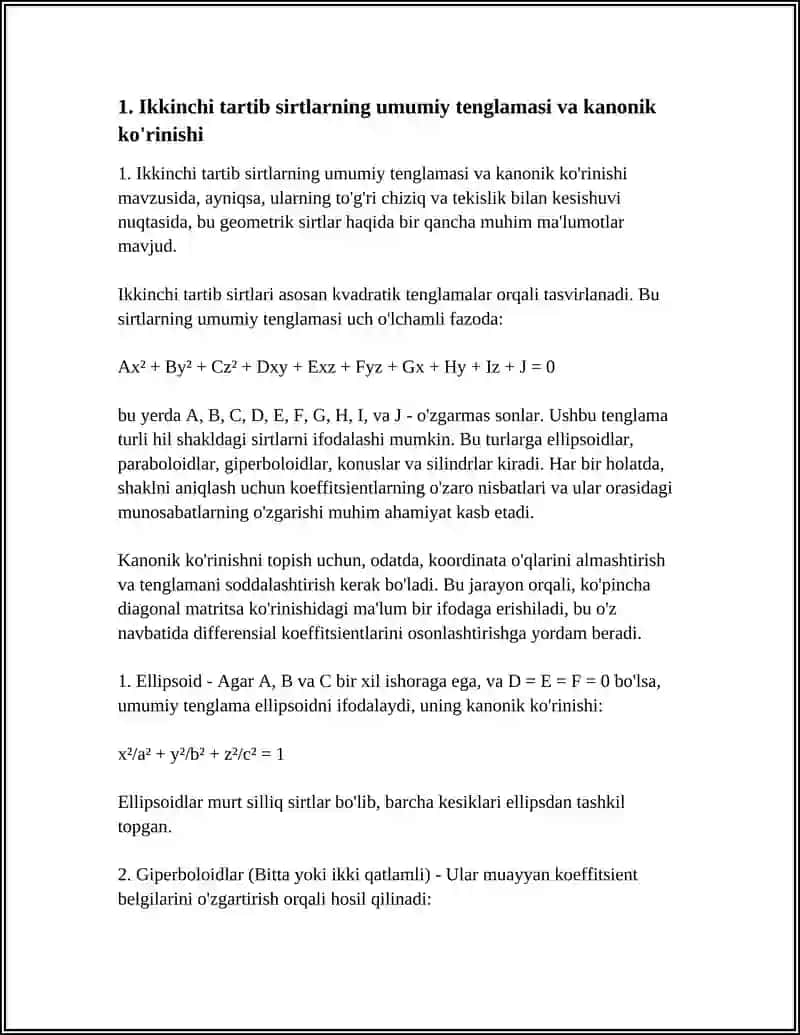IKKINCHI TARTIB SIRTLARNING TO'G'RI CHIZIQ VA TEKISLIK BILAN KESISHUVI 4