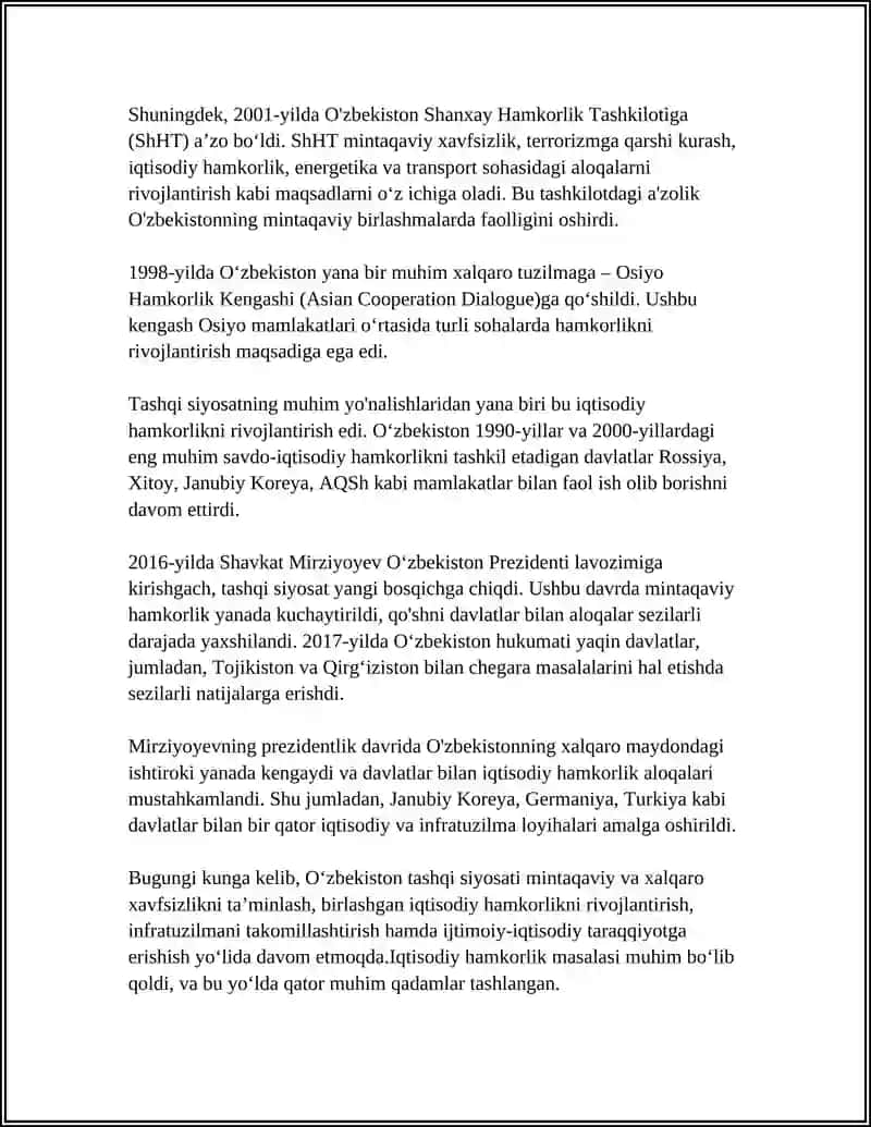 OʻZBEKISTON TASHQI SIYOSATINING ASOSLARINI ISHLAB CHIQISH VA UNING JAHON MIQIYOSIDA TAN OLINISHI 4