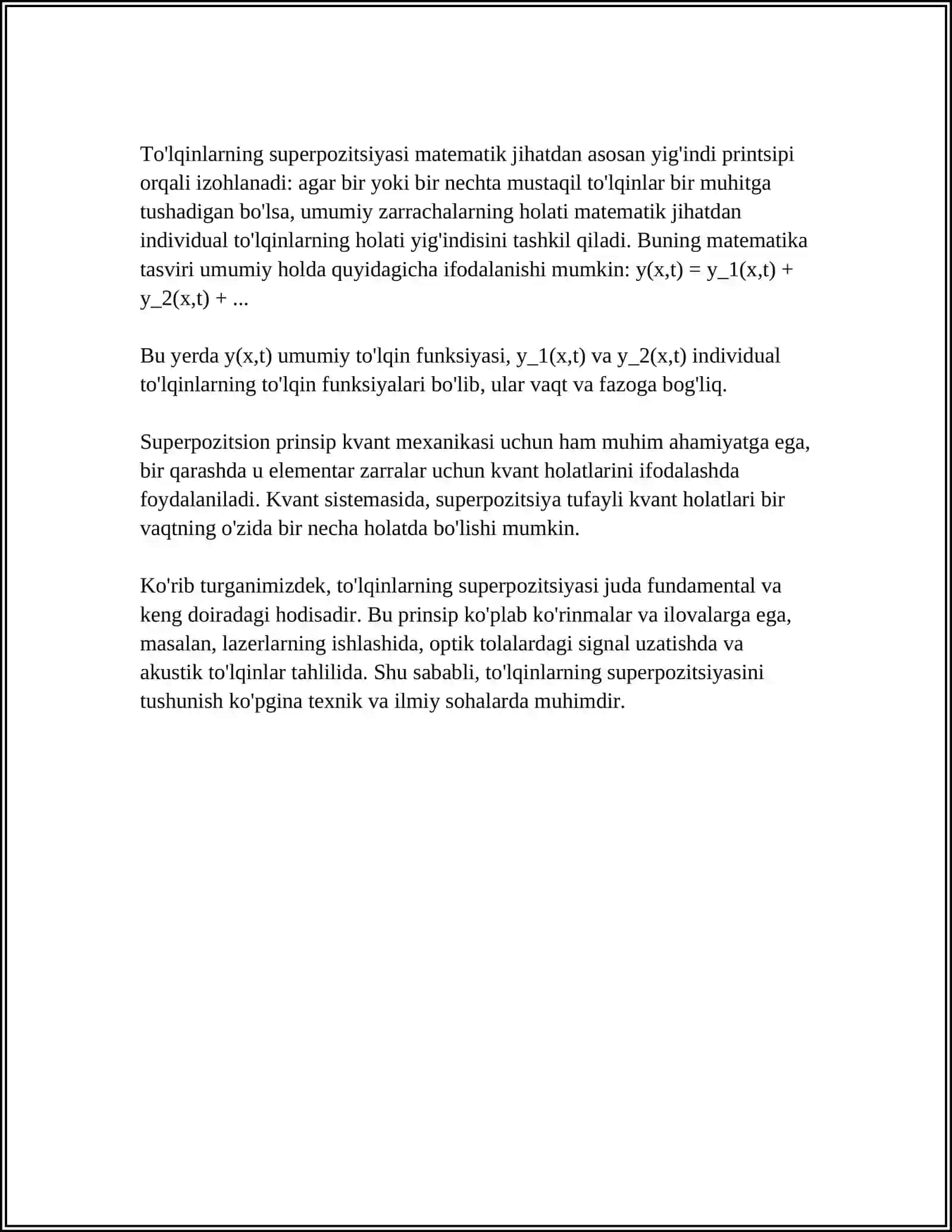 TO'LQINLAR SUPERPOZISIYA PRINSIPI. TO 'LGINLAR KOGERENTLIGI VA KOGERENTLIK SHARTLARI. TO'IGINLAR INTERFERENSIYASI 4
