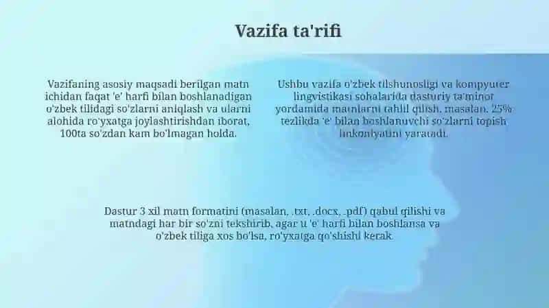 O'zbek tilida "E" harfi bilan boshlanuvchi o'zbek so'zlarining aniqlovchi dastur 4