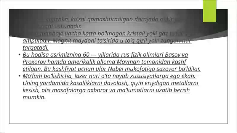 Lazerlar.Lazer nurlarining xossalari va tibbiyotda qo`llanish yo`nalishlari 4