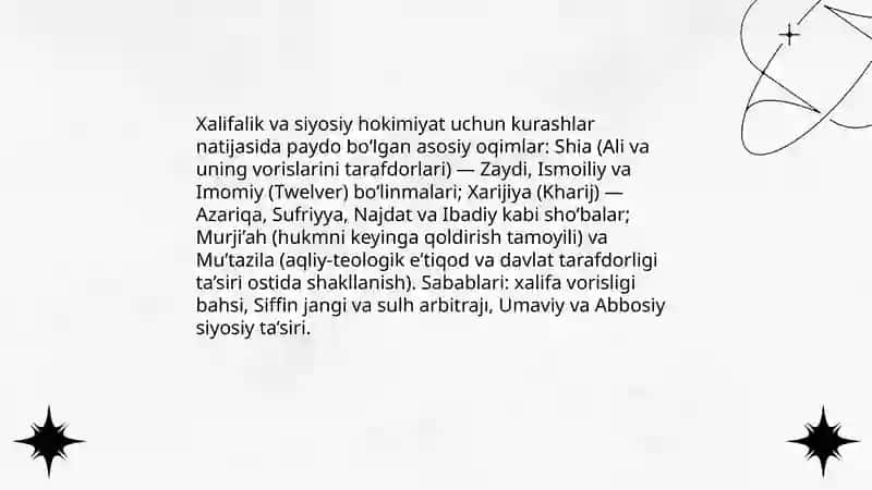 Islom oqimlari va yo'nalishlarining paydo bo'lishi sabablari, e'tiqodidagi bo'linishlarning sabablari va oqibatlari 4