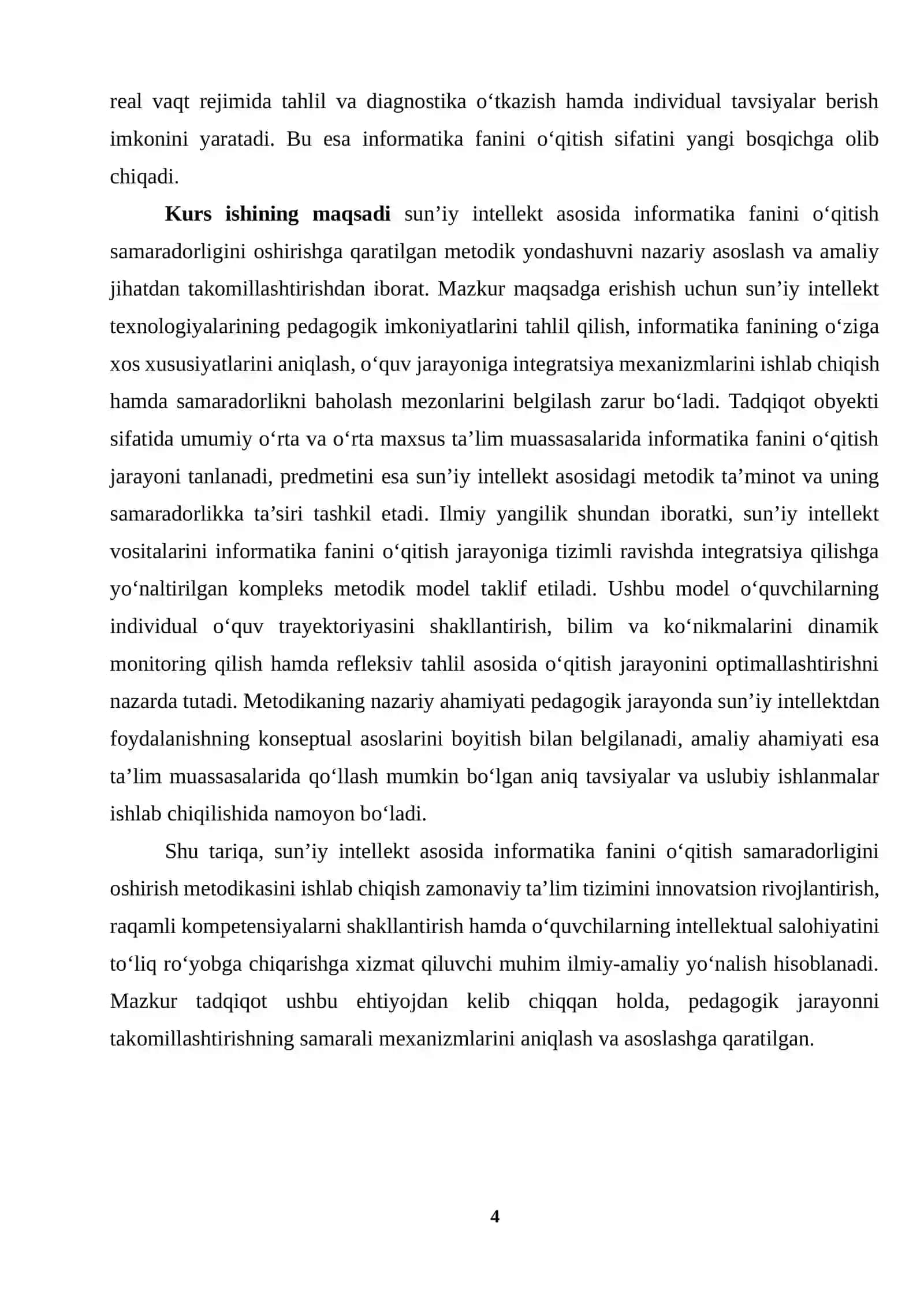 Sun’iy intellekt asosida informatika fanini o‘qitish samaradorligini oshirish metodikasi mavzusida 4