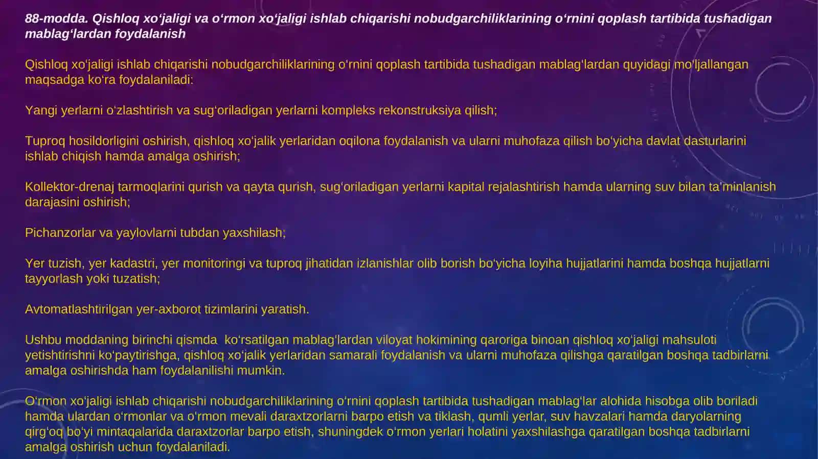 O’zbekiston respublikasi Yer kodeksining 87-90 moddalarini o’rganish 4