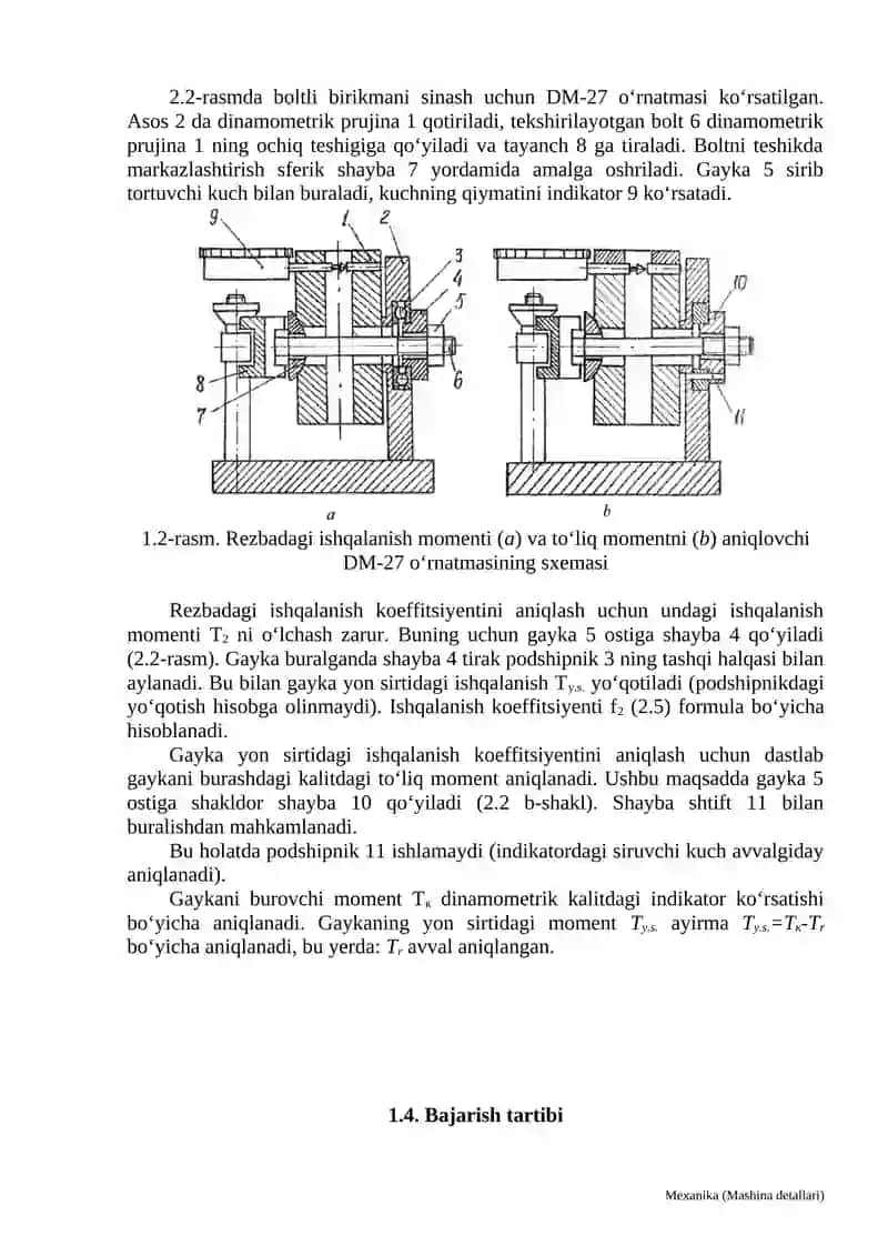 BOLTLI BIRIKMANING REZBASIDAGI VA GAYKA YON SIRTIDAGI ISHQALANISH KOEFFISIYENTINI ANIQLASH 4