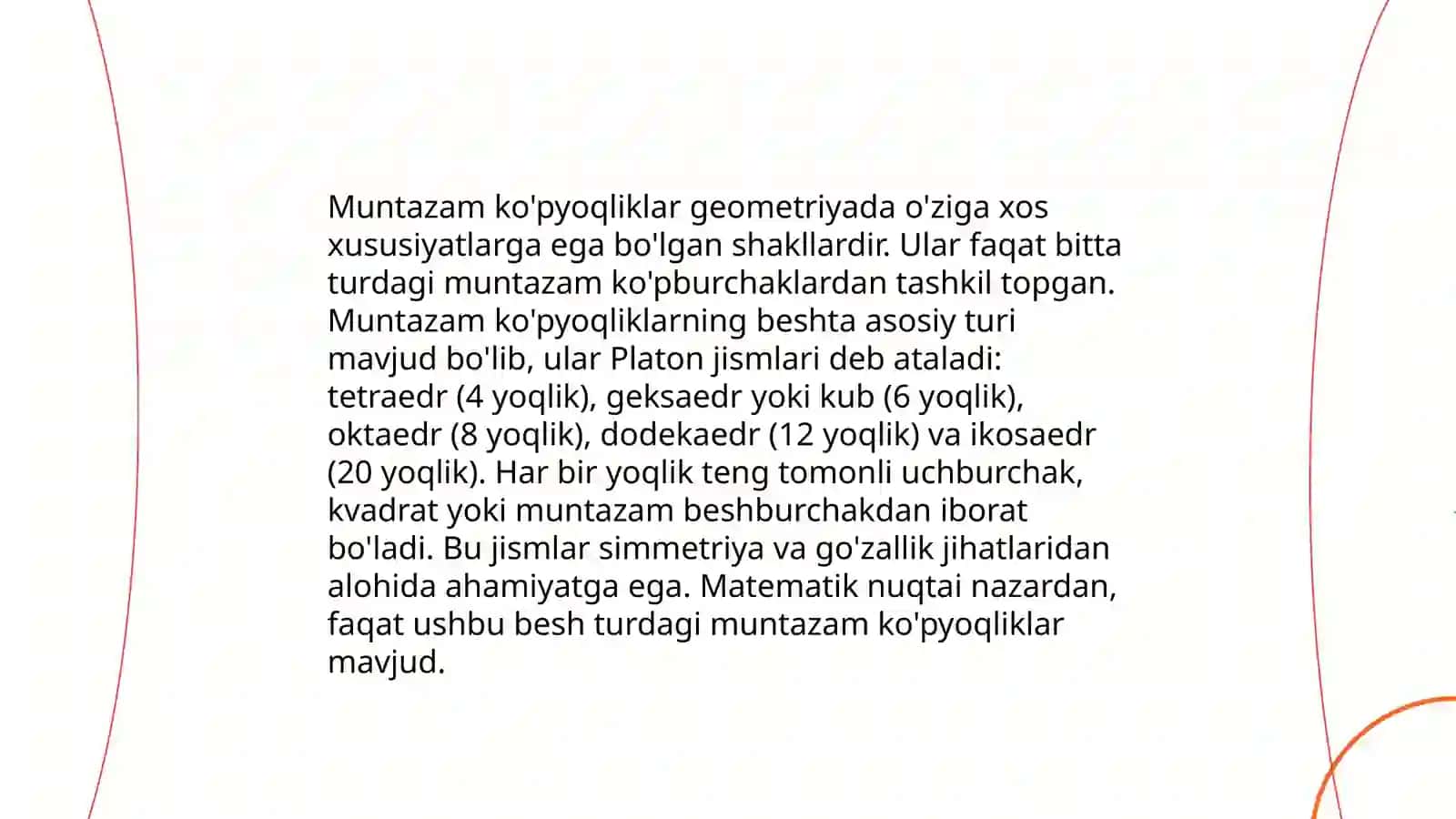 Muntazam ko'pyoqliklar va ular asosida yasaladigan boshqa xil ko'pyoqliklar 4