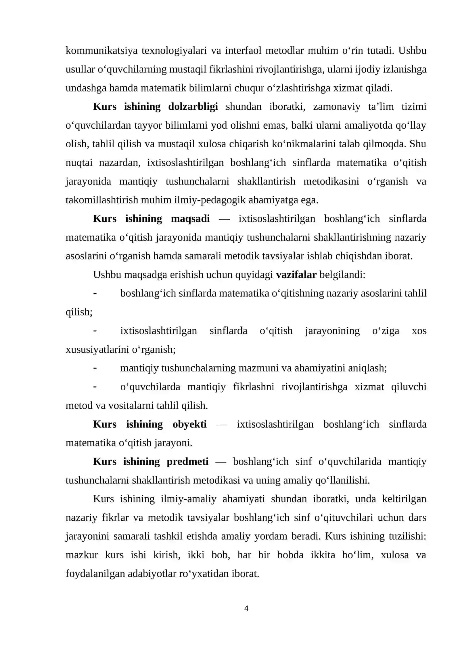 IXTISOSLASHTIRILGAN BOSHLANG‘ICH SINFLARDA MATEMATIKA O‘QITISH. MANTIQIY TUSHUNCHALAR KURS ISHI 4