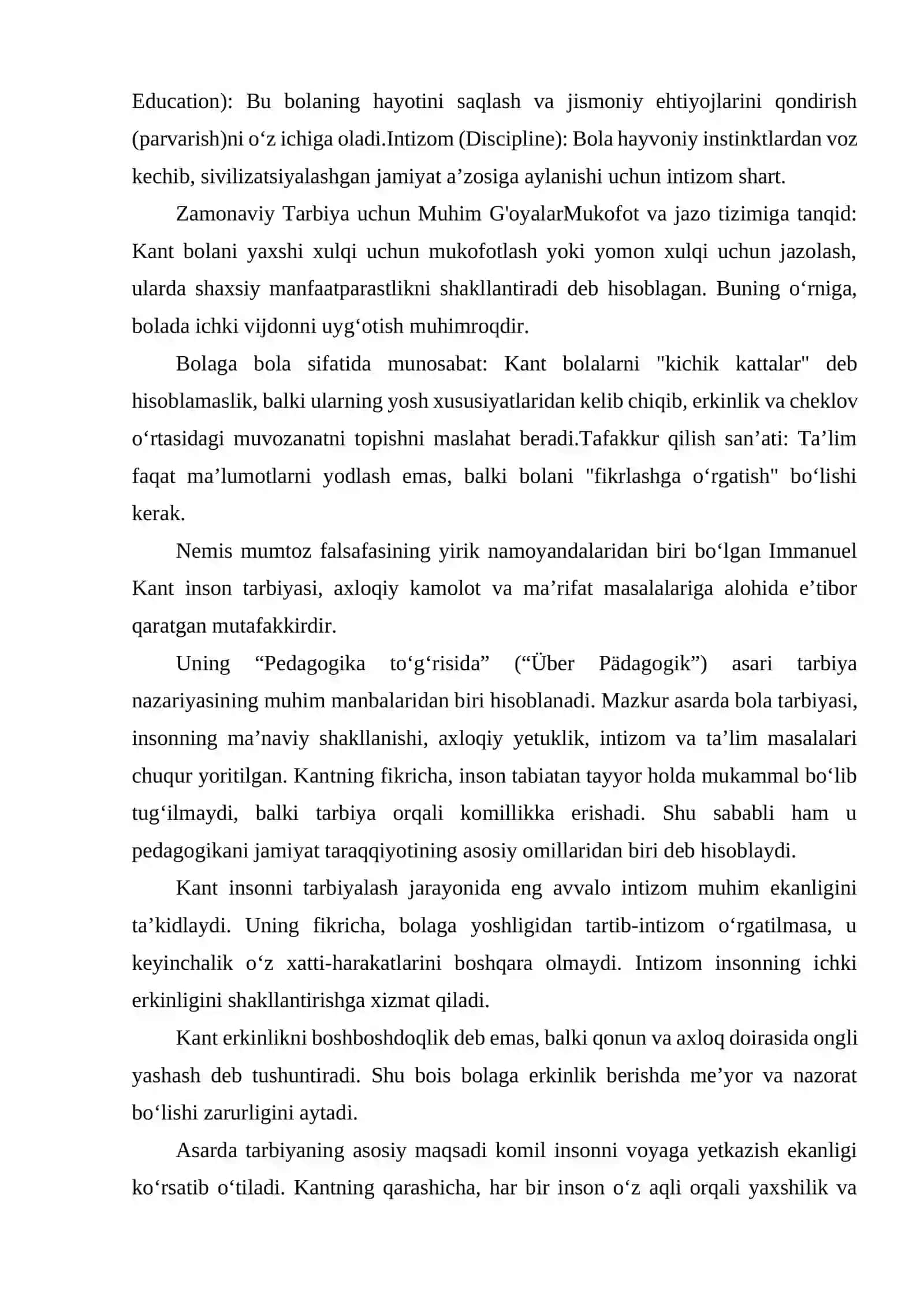 EMMANUEL KANTNING "PEDAGOGIKA TO'G'RISIDA" ASARINING FARZAND TARBIYALASHDAGI AHAMIYATI 4