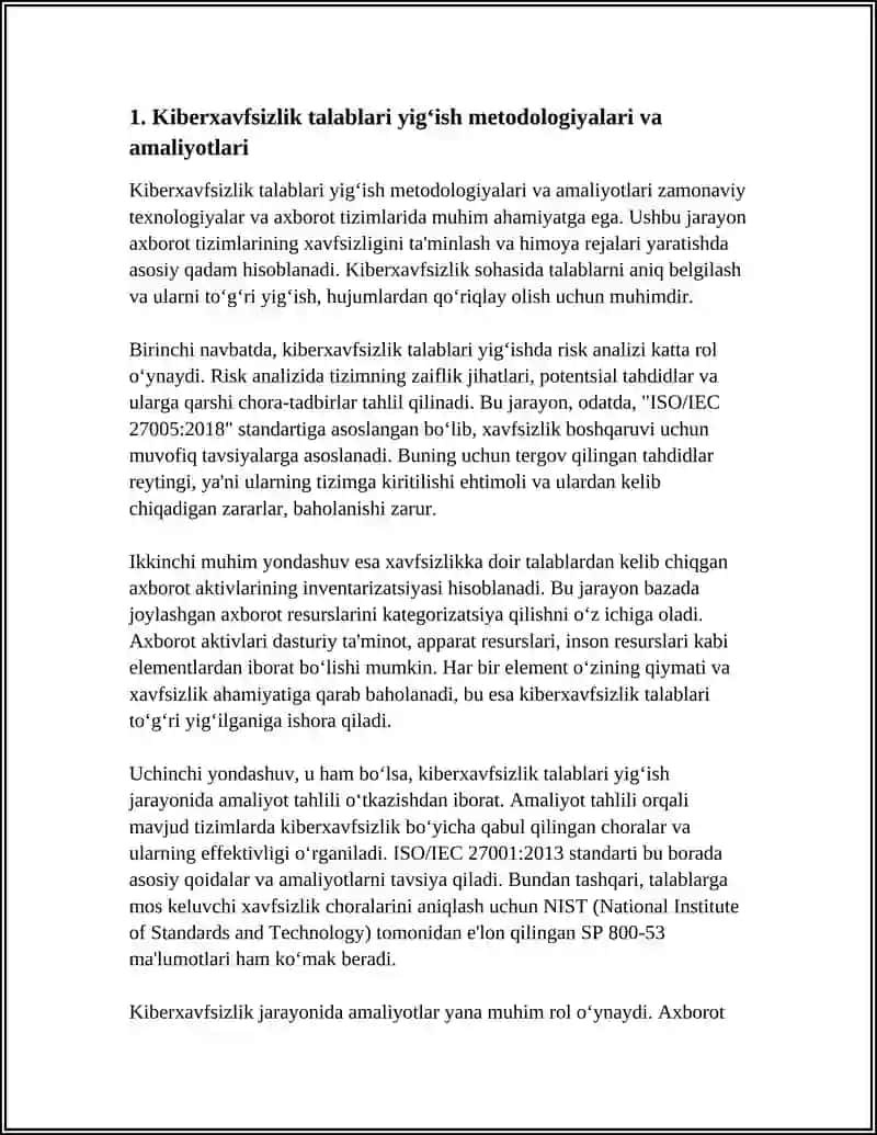 MUSTAQIL ISH Mavzu: KIBERXAVFSIZLIK TIZIMLARDA TALABLARNI MUHANDISLIK QILISH 4