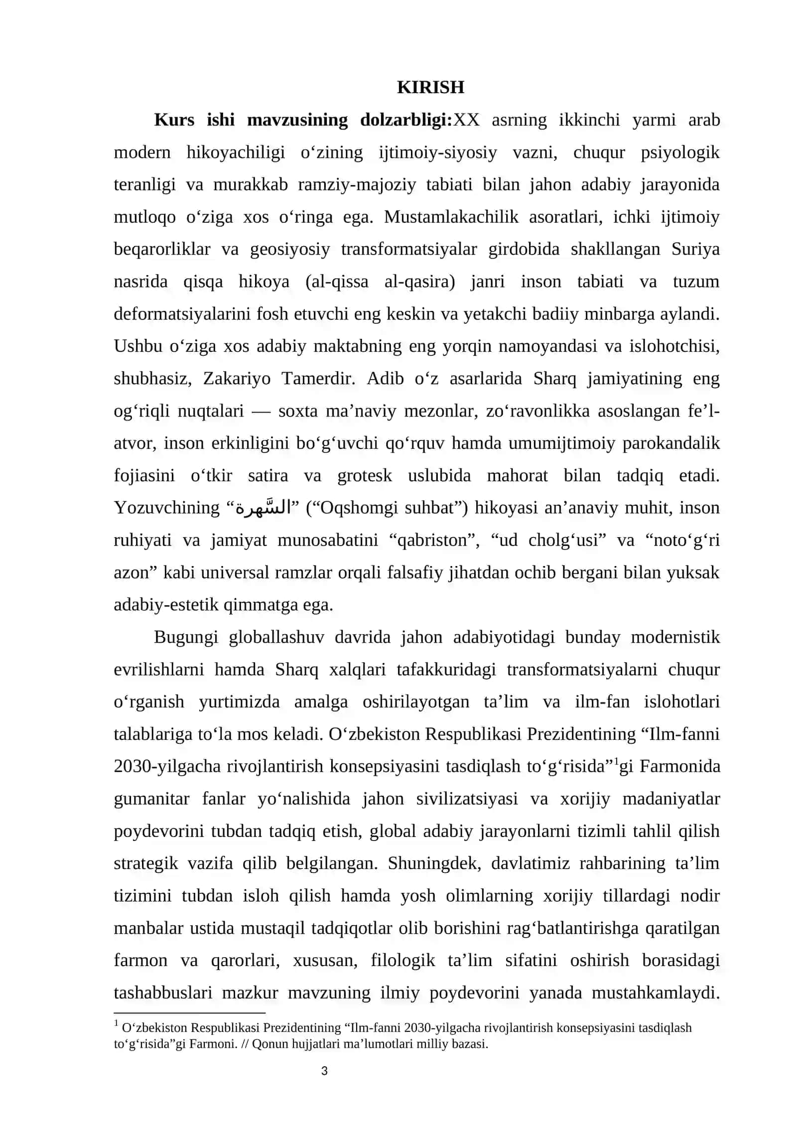 ZAKARIYO TAMER NING “السَّهرة” (“OQSHOMGI SUHBAT”) HIKOYASI    MAVZUSIDA     kurs ishi 4