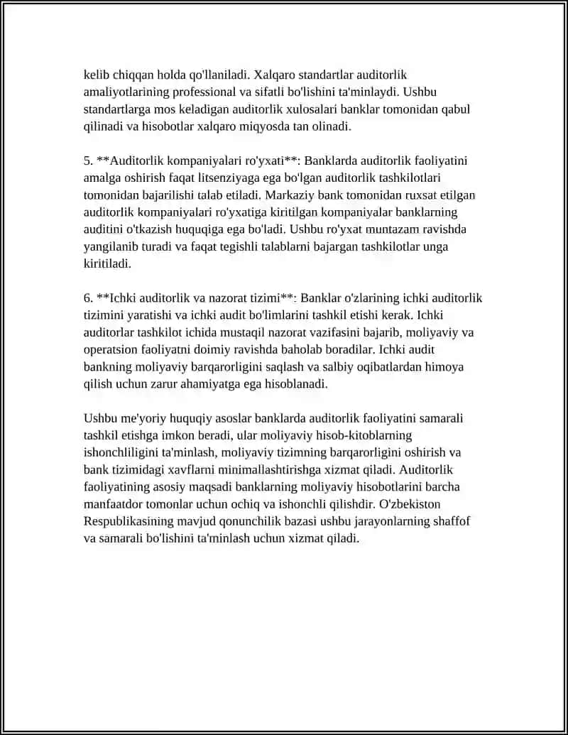 BANK AUDITI SOHASIDA AUDITORLIK FAOLIYATINI AMALGA OSHIRISH HUQUQINI LITSENZIYALASH VA ATTESTATSIYADAN O'TKAZISH TARTIBI 4