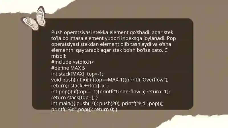 Stack (stek) ma'lumotlar tuzilmasining ishlash prinsipi(LIFO)ni tushuntirib, amaliy misol bilan dasturni yozing 4