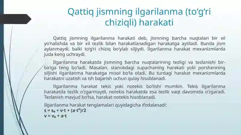 Tezlik va tezlanishlarni aniqlash, qattiq jismning ilgarilanma va qo‘zg‘almas o‘q atrofidagi aylanma harakati. Tekislikda harakat qiluvchi mexanizmlarning tuzilishi formulasi. Mexanizm ta’rifi. 4