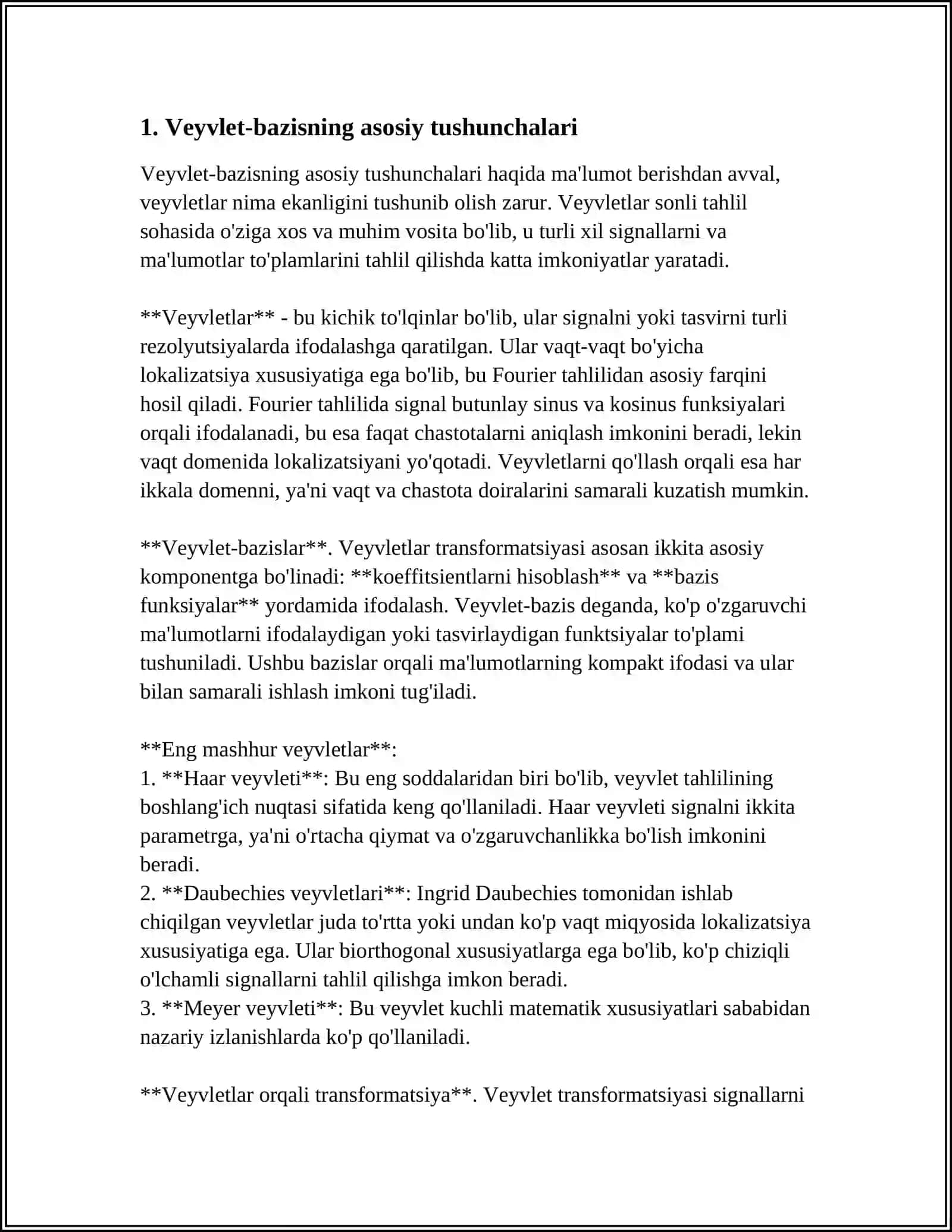 VEYVLET-BAZIS. SPEKTRAL IFODALASHNING ASOSIY XUSUSIYATLARI 4