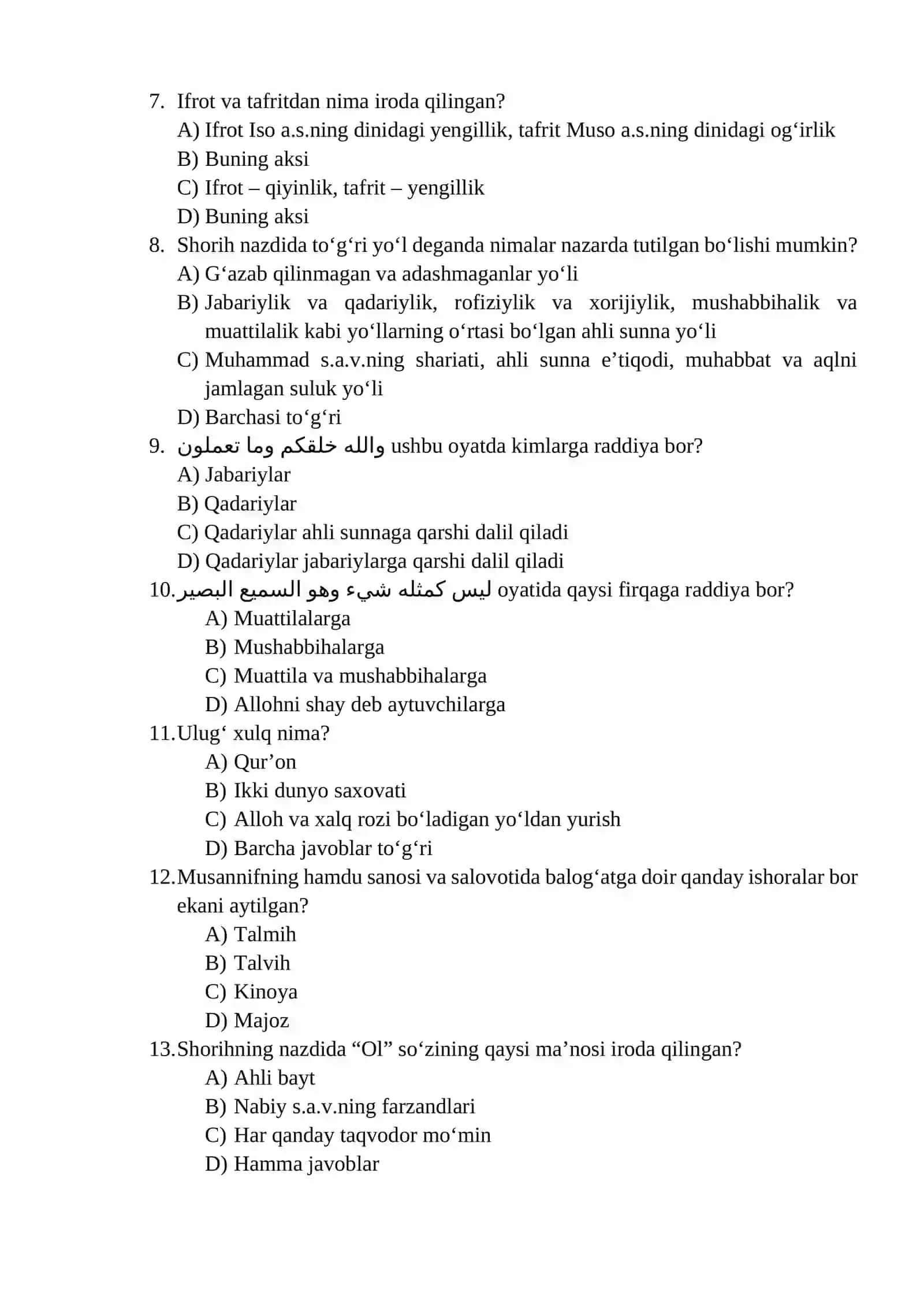 Islom dini huquqiy, maʼnaviy-axloqiy jihatlari haqida test 4