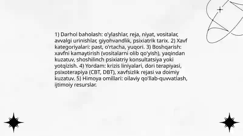 Bemorlarning ruhiy holati «Depressiya, shok, go'rquv, cho chish, ipoxondriya, o'zini aybdor xis gilish», suyitsidal fikrlash va x.k 4