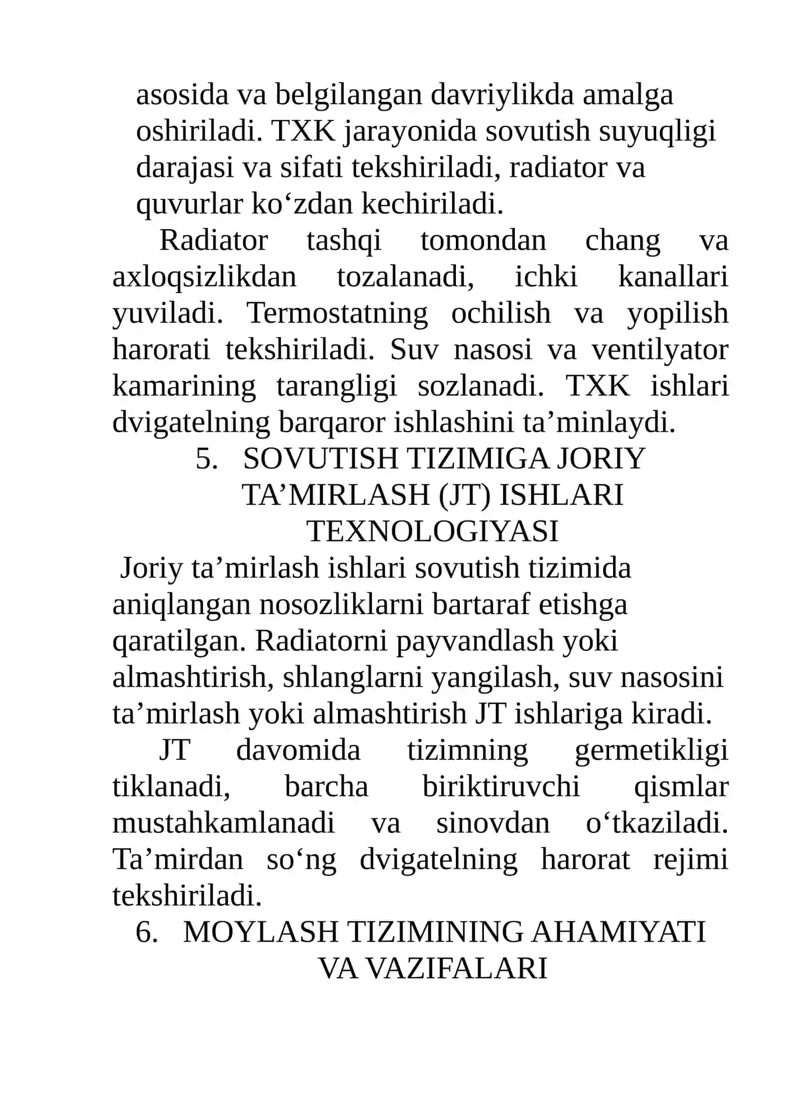 Sovutish Va Moylash Tizimi Nosozliklari, Tizimiga TXK Va JT Ishlari Texnologiyasi 4