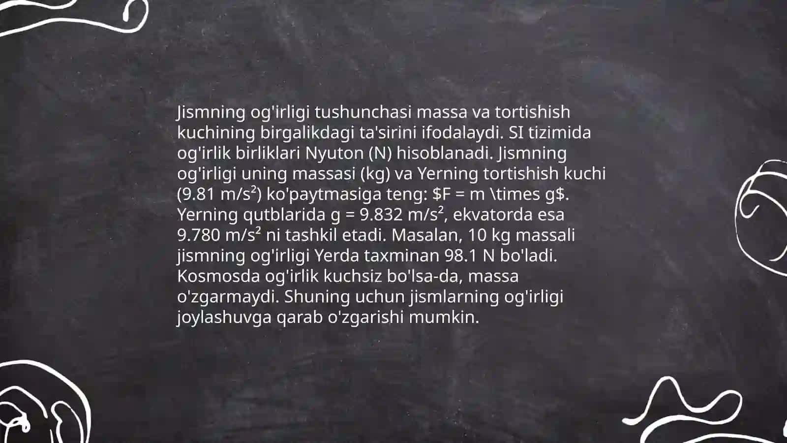 Gravitatsion maydon. Gravfityatsiya va jism og'irligi. Og'irlik kuchi tezlanishini yer kengligiga bog'liqligini o'rganish 4