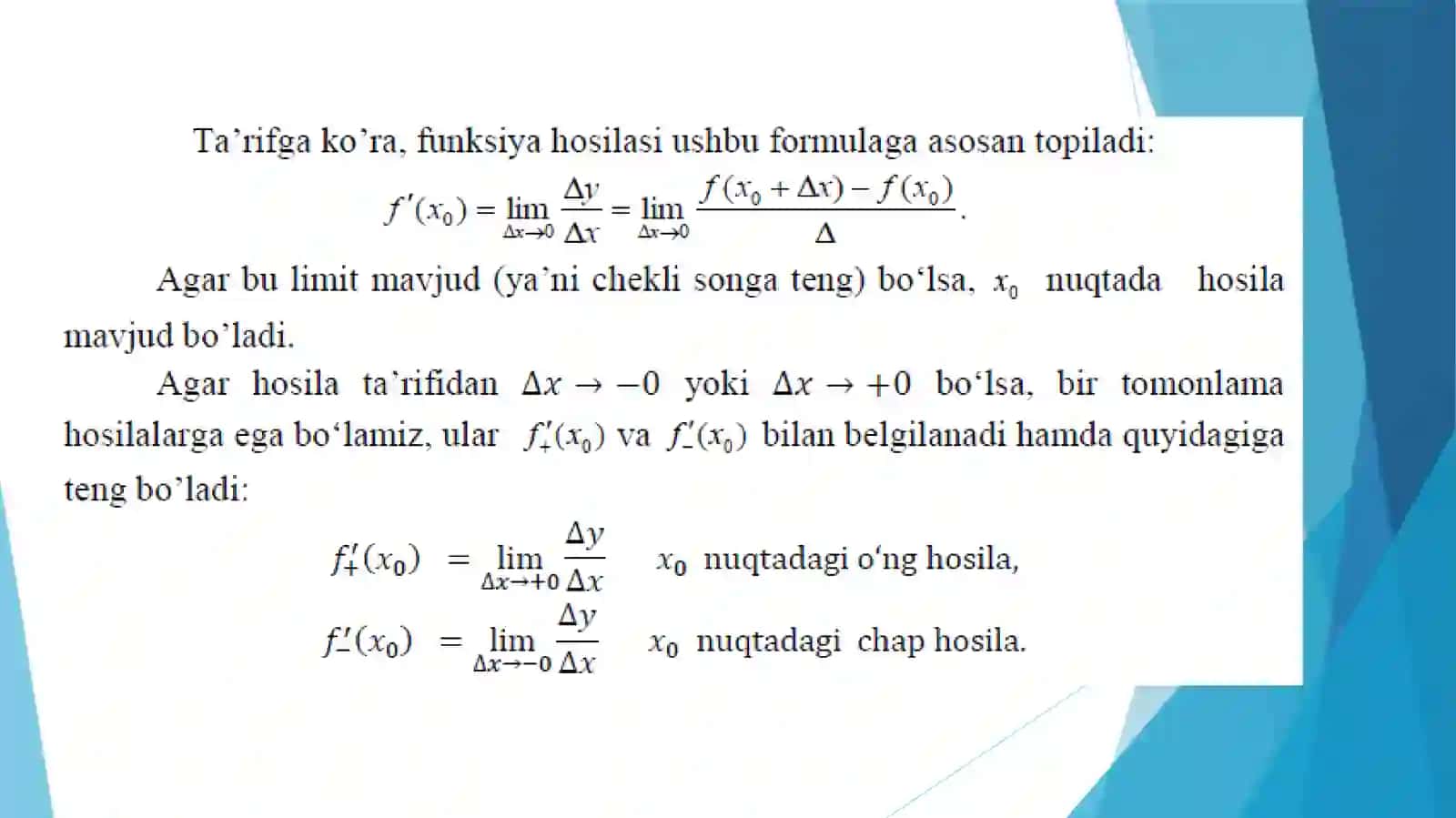Funksiya hosilasi, uning geometrik va iqtisodiym ma’nosi (ma’ruza) 4