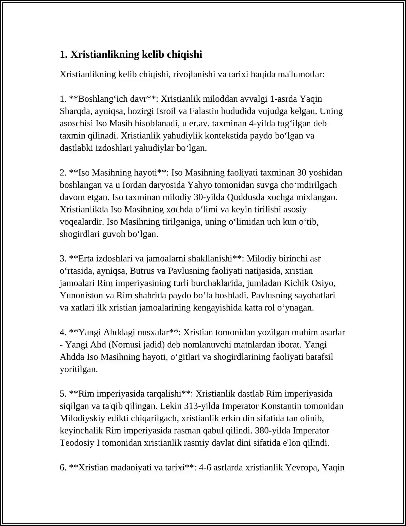 XRISTIANLIKNING PAYDO BÒLISHI, AQIDALARI, ASOSIY YÒNALISHLARI, TA'LIMOTLARI VA MANBALARI 4