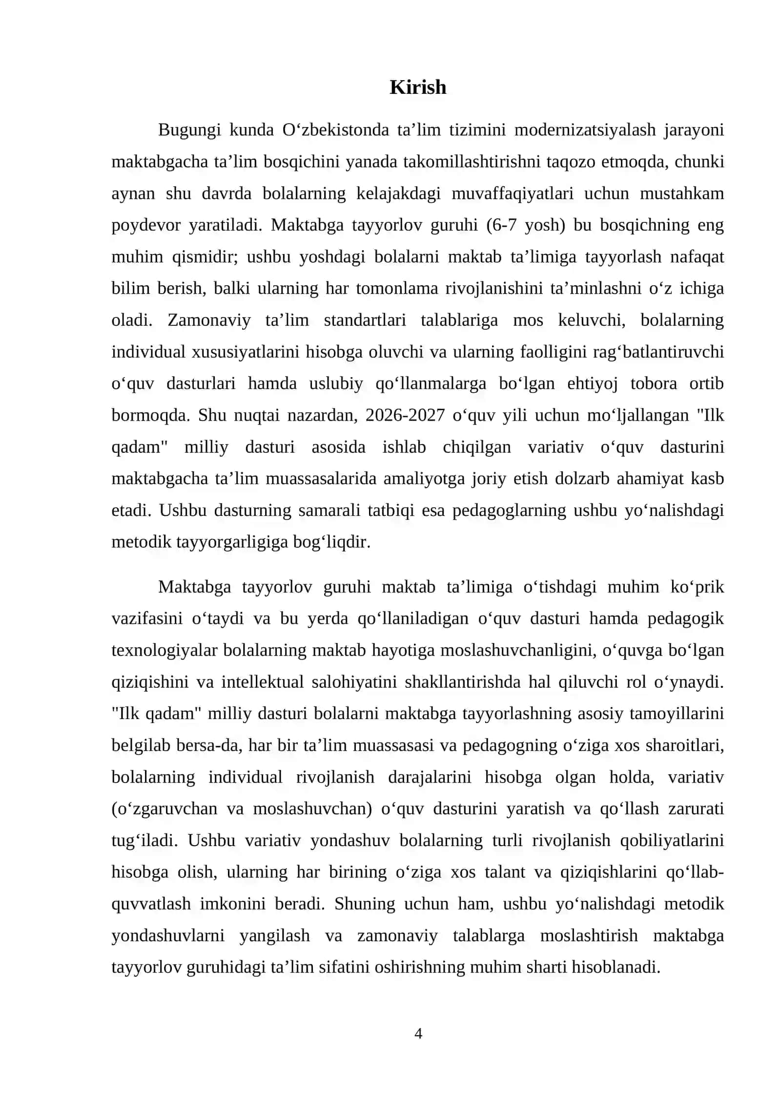Maktabga tayyorlov (6-7 yosh) guruhining 2026-2027 o'quv yili uchun mo'ljallangan Ilk qadam milliy dasturi asosida variativ o'quv dasturi 4