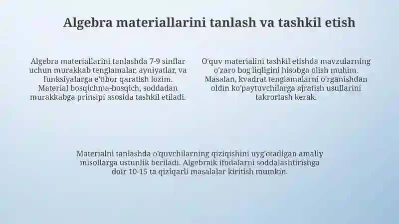 Sinfdan tashqari mashg‘ulotlarda algebraik materiallarni o‘rgatish meto‘dikasi 4