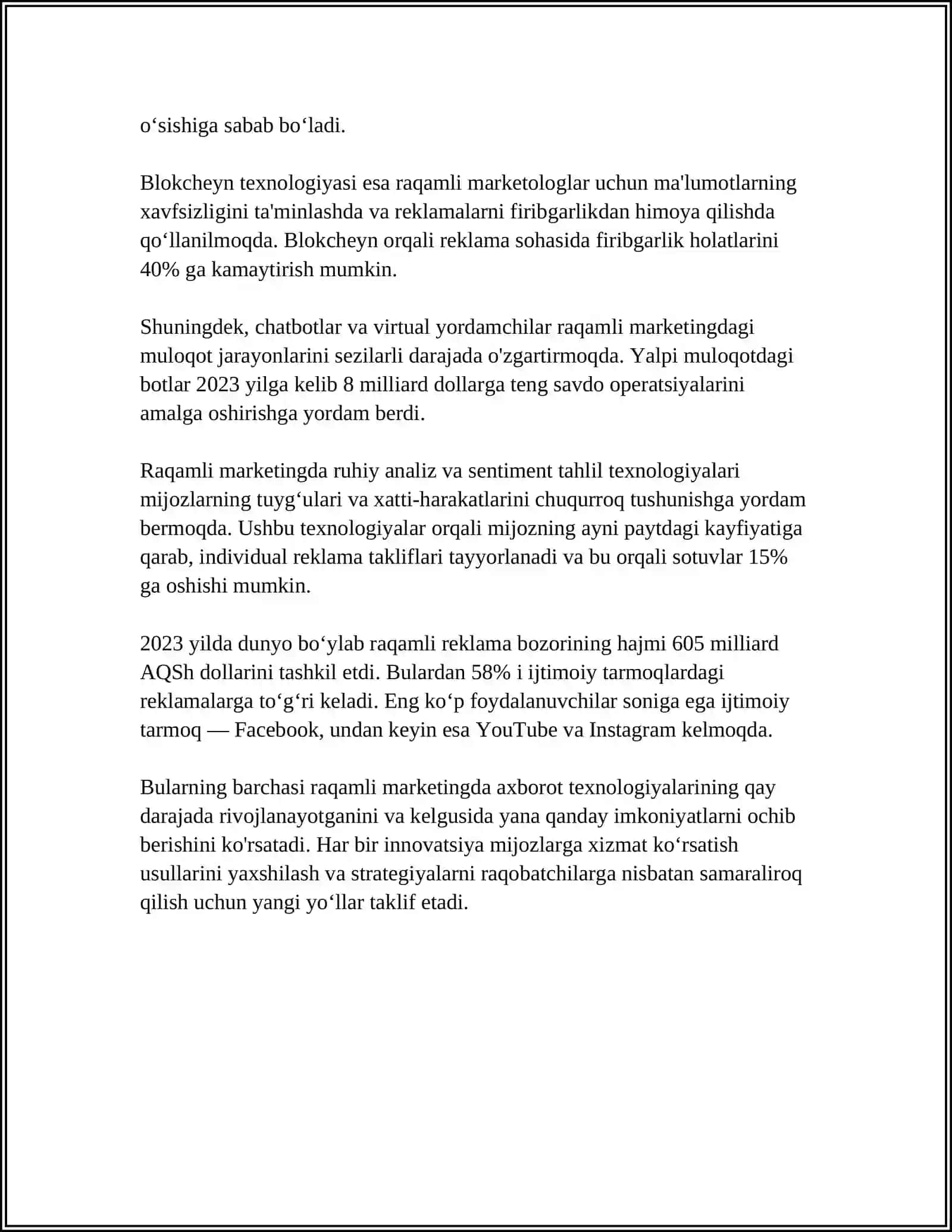 RAQAMLI MARKETINGDA AXBOROT TEXNOLOGIYALARINING TUTGAN O'RNI 4
