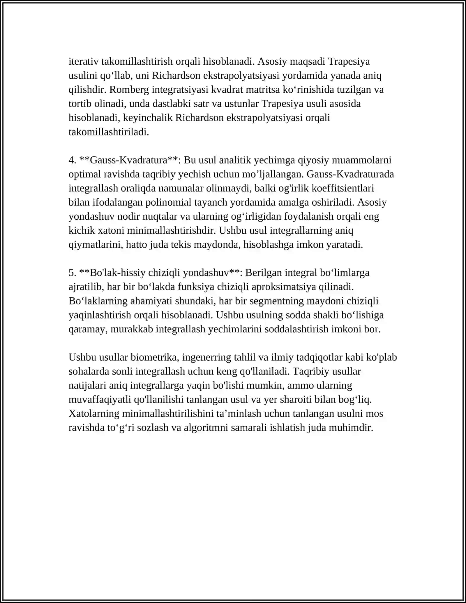 TAQRIBIY INTEGRALLASH USULLARI ANIQLIGI VA HISOBLASH XAJMI BO’YICHA TAQQOSLASH 4