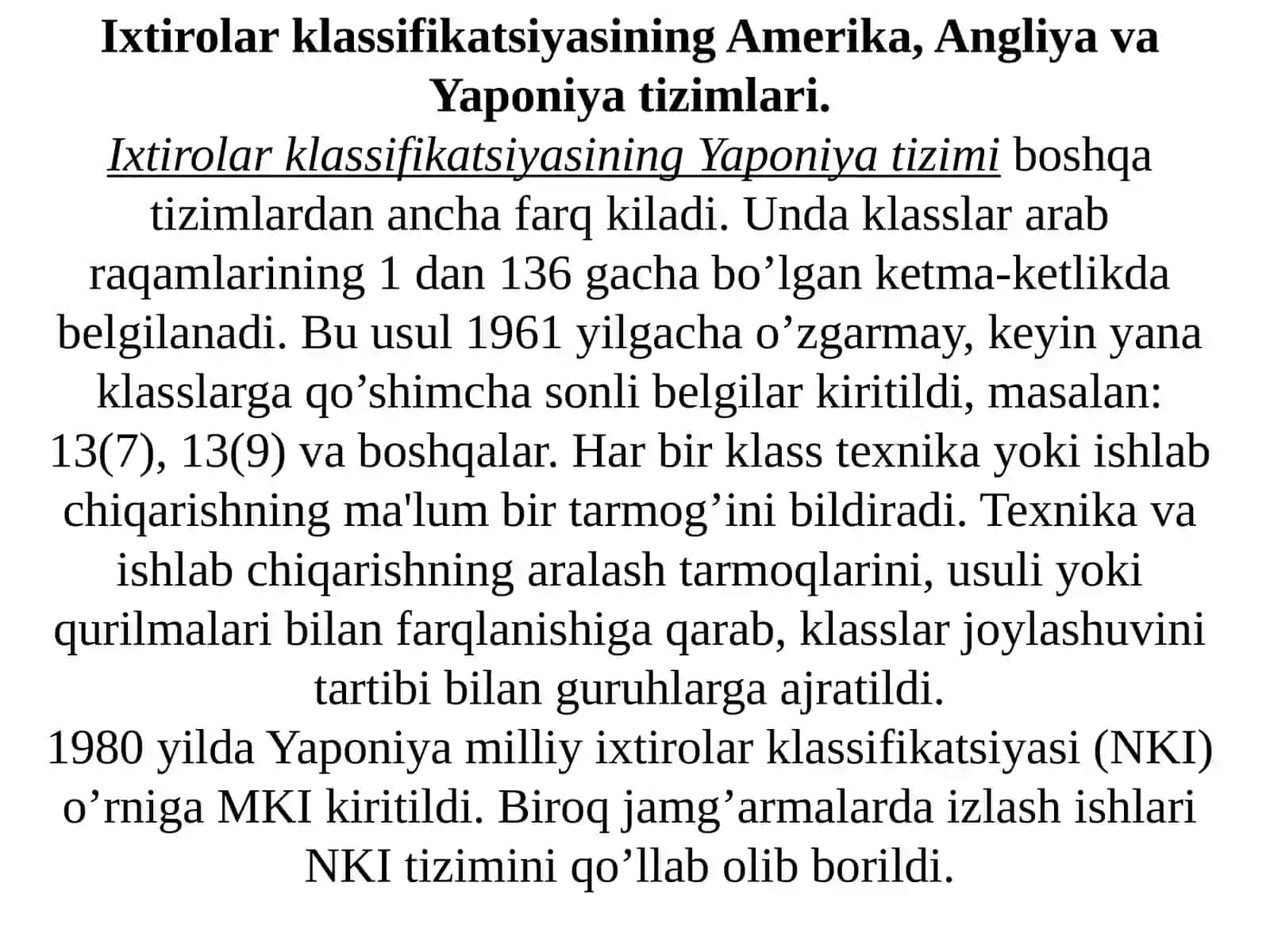 Ixtirolarning klassifikatsiyasi. Patentlashma'lumotlari 4