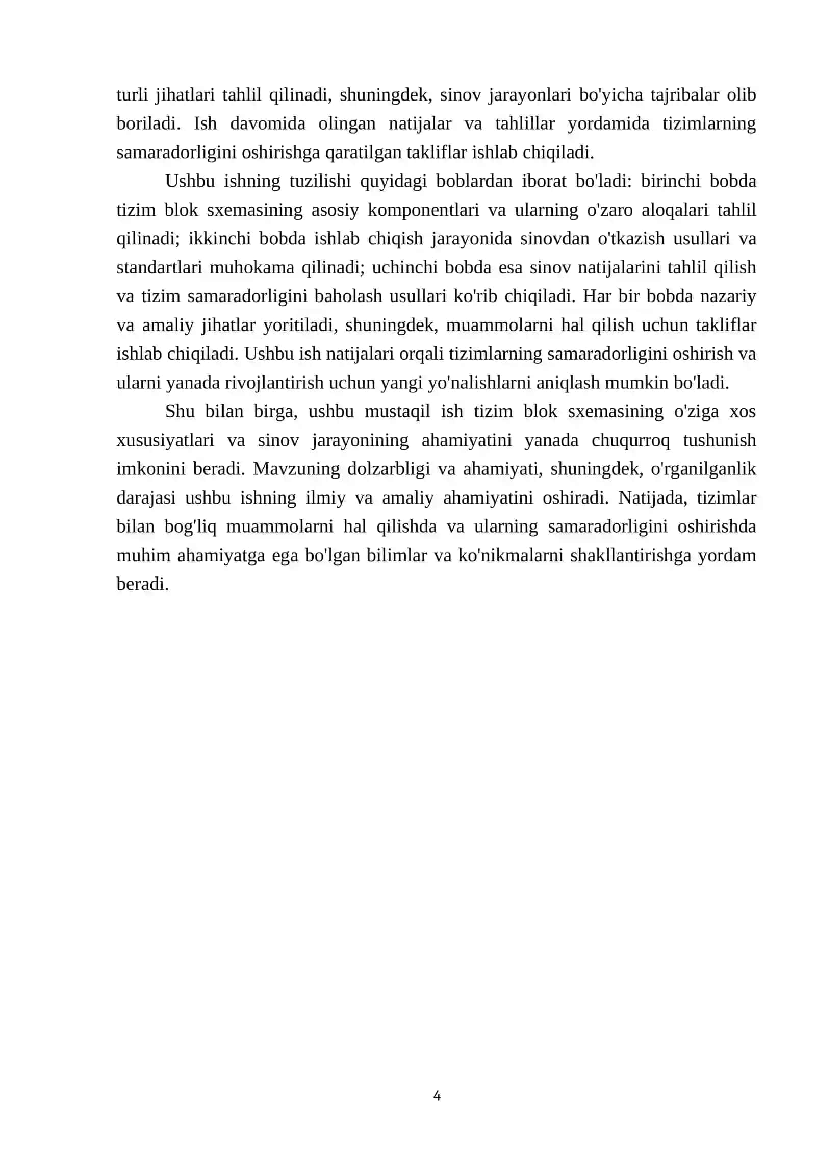 Tizim blok sxemasi.Ishlab chiqishga sinovdan otkazish 4