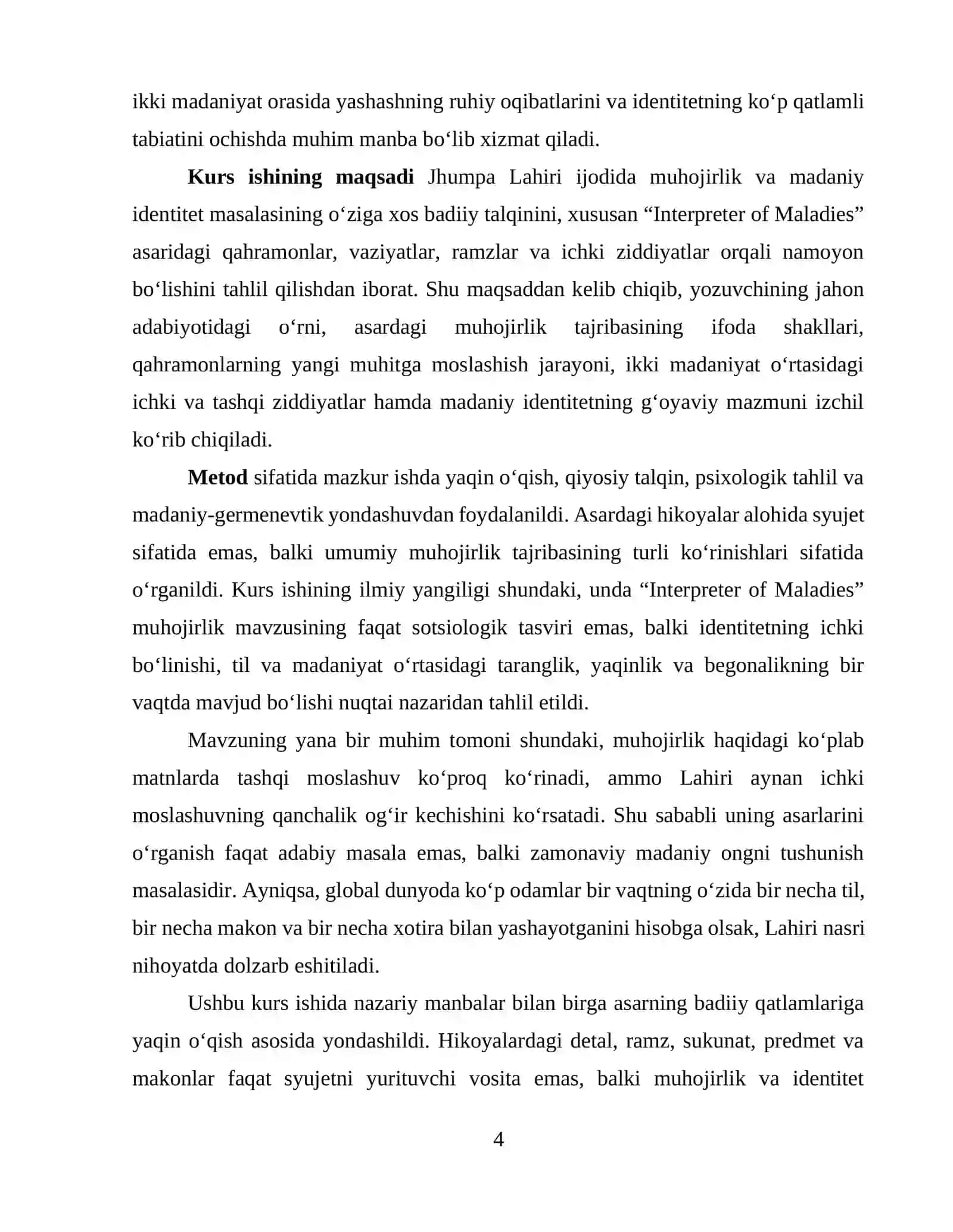 JHUMPA LAHIRI IJODIDA MUHOJIRLIK VA MADANIY IDENTITET MASALASI(“INTERPRETER OF MALADIES” ASARI MISOLIDA) 4