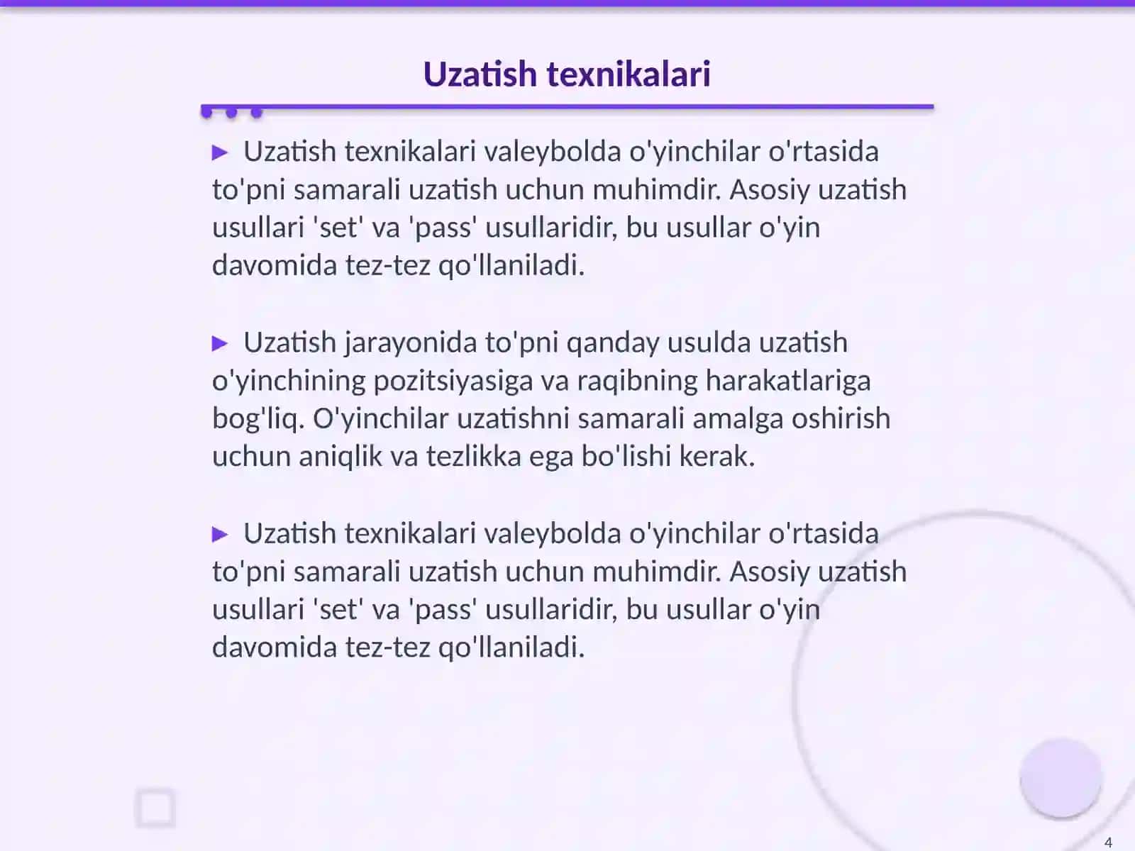 Valeybolda topni qabul qilish va uzatish texnikasi 4