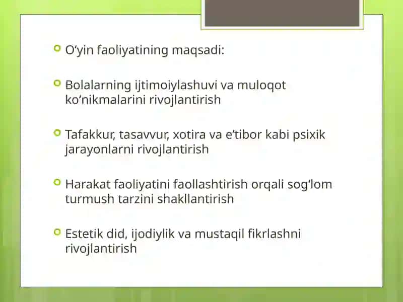 MAKTABGACHATA’LIM TASHKILOTI SHAROITLARIDA O‘YIN FAOLIYATLARINI TASHKIL ETISH VA UNGA RAXBARLIKQILISHi 4