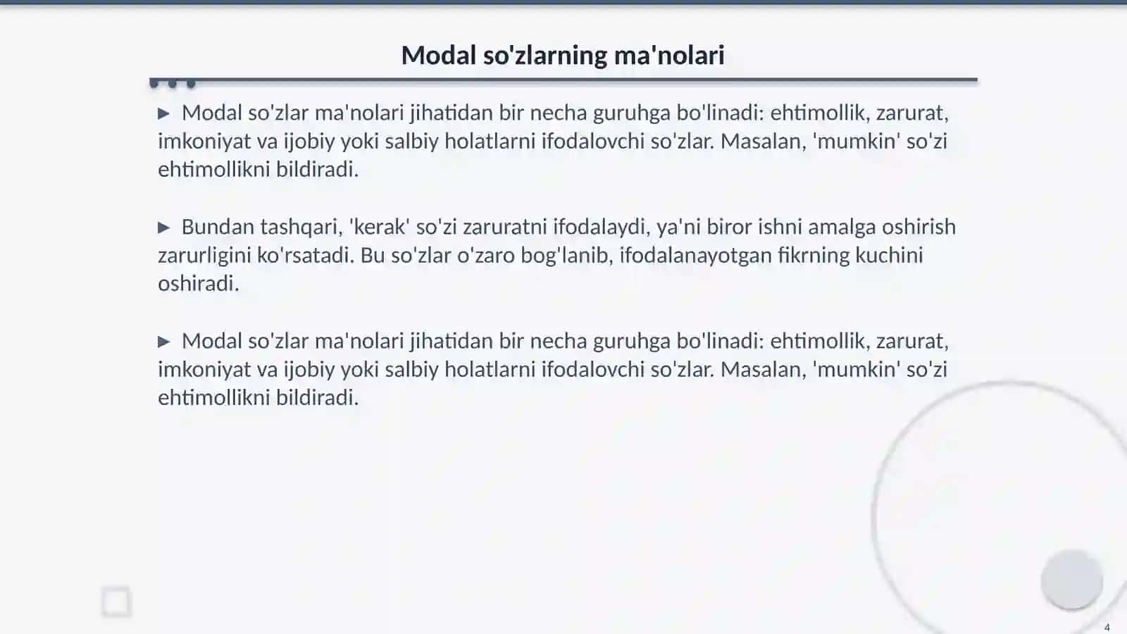 Alohida guruh so'zlar. Modal so'zlar, ularning ma'no va grammatik xususiyatlari, sintaktik vazifalari 4