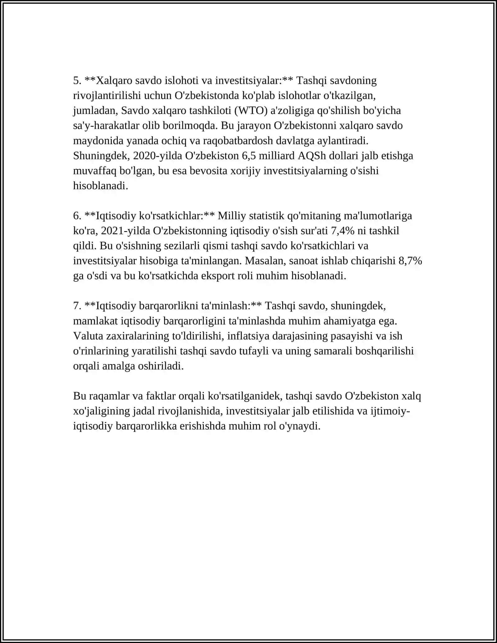O‘ZBEKISTON RESPUBLIKASINING JAHON IQTISODIYOTIGA INTEGRATSIYALASHUVIDA TASHQI SAVDONING TUTGAN O'RNI 4
