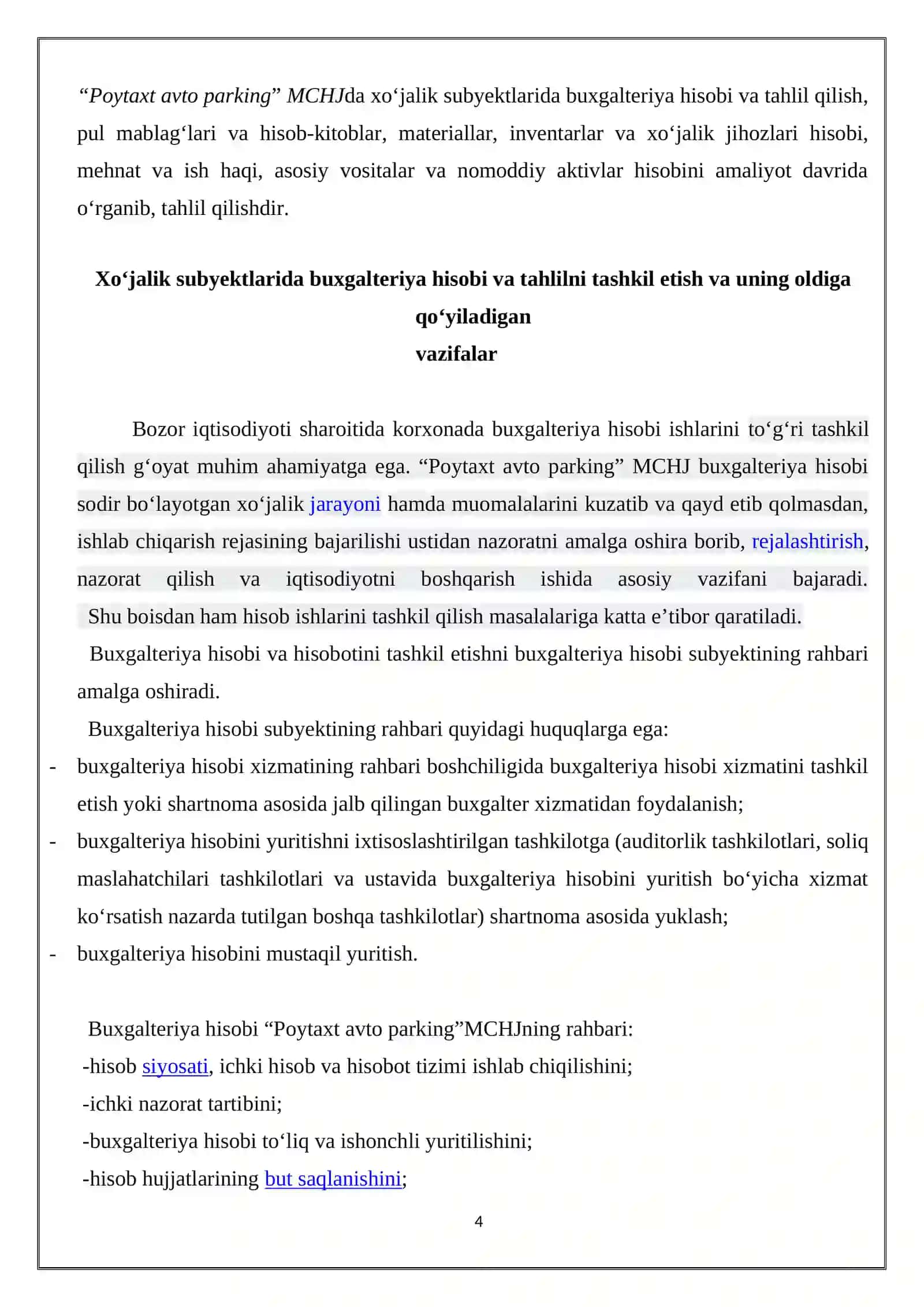 BUXGALTERIYA HISOBI VA AUDIT” TA’LIM YO‘NALISHI BO‘YICHA ISHLAB CHIQARISH AMALIYOTI H I S O B O T I 4