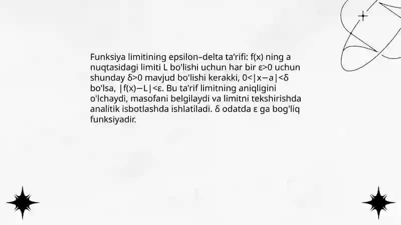 Sonli ketma ketlik va funksiyaning limiti.Limitilar haqida asosiy teoremalar.Funksiya limitini hisoblashga doir misollar.Aniqmaliklarni ochish 4
