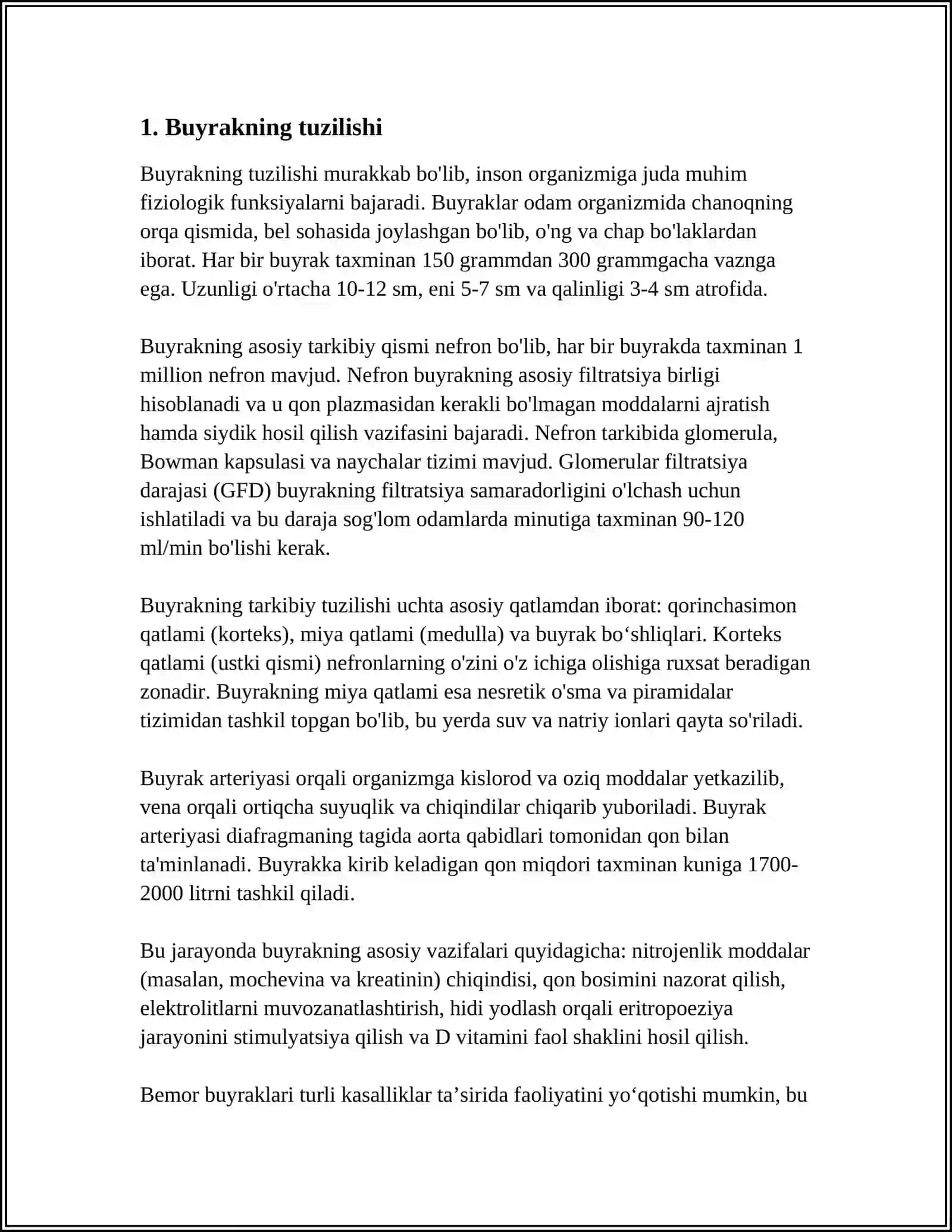 BUYRAKNING YUKSTAGLOMERULYAR APPARATI SITOFIZIOLOGIYASI. NEFRONNING GISTOFIZIOLOGIYASI. BUYRAKLAR TUZILISHI VA REGENERATOR IMKONIYATLARINING YOSHGA DOIR XUSUSIYATLARI 4
