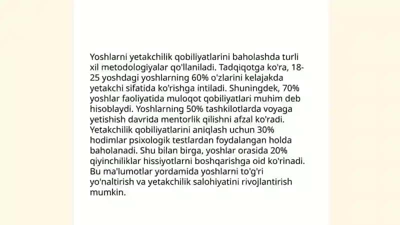 Yetakchilik salohiyatiga ega bo'lgan yoshlar zaxirasi bilan ishlash 4