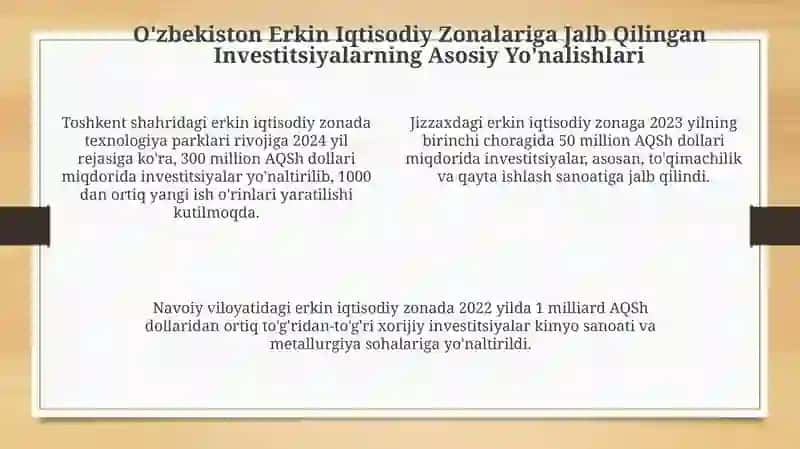 Erkin Iqtisodiy Zonalariga Jalb Qilingan Investitsiyalarniing Asosiy Yoʻnalishlari 4