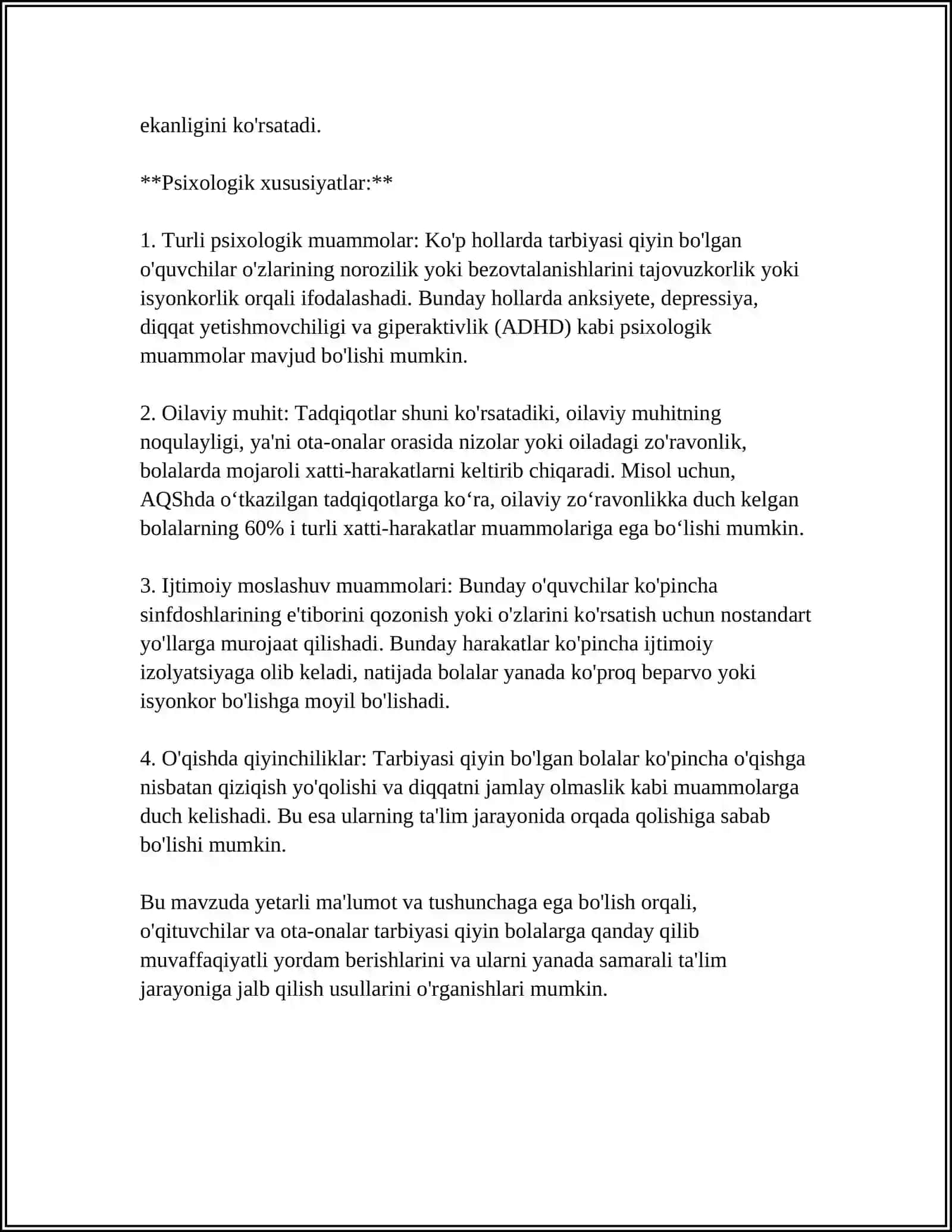 "TARBIYASI QIYIN" ÓQUVCHILAR BILAN ISHLASHNING PSIXOLOGIK ASOSLARI 4