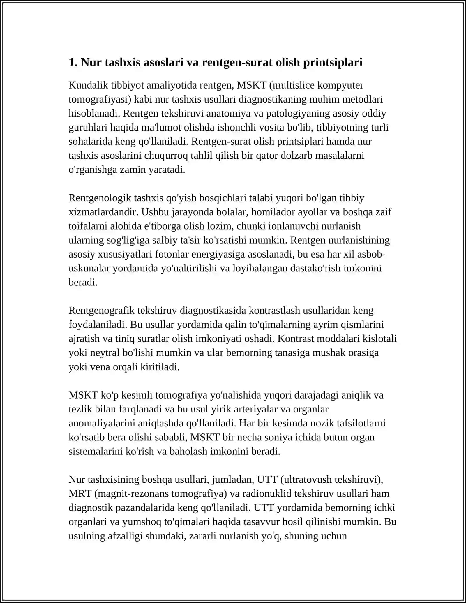 NUR TASHXIS USULLARI. RENTGEN, MSKT. KONTRASTLASH USULLARI 4
