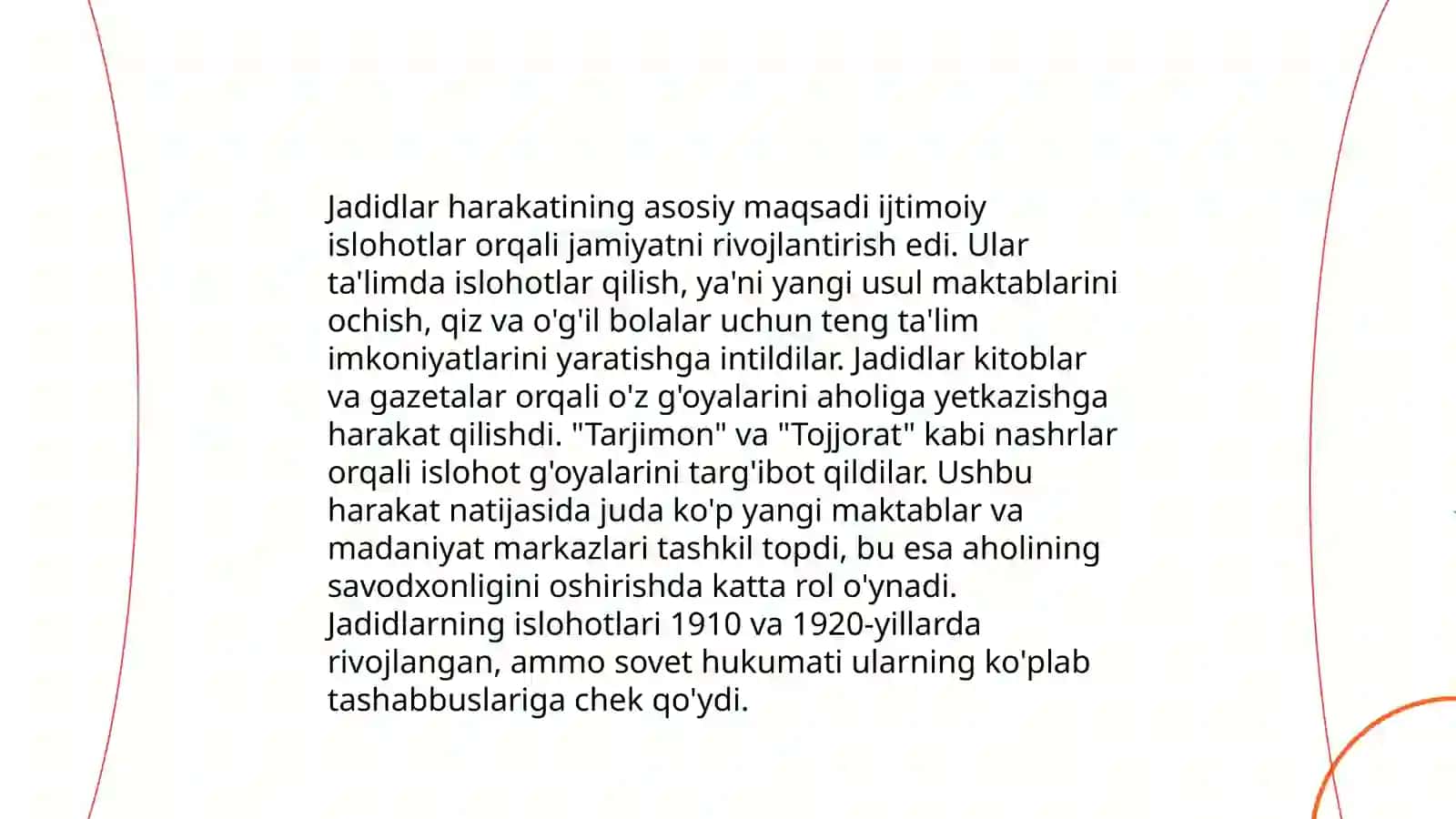 Jadid maʼrifatparvarlarining ijtimoiy-maʼnaviy hayotda tutgan oʻrni (XX asr boshlarida) 4